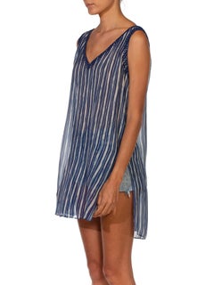 1990S OSCAR DE LA RENTA Blue & White Embroidered Silk Shell Top