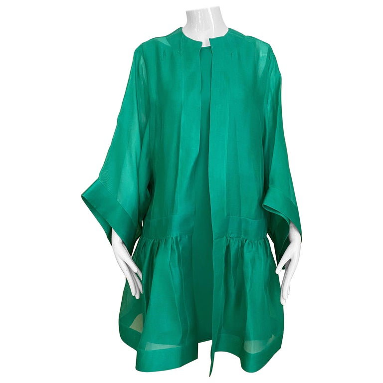1990s Oscar De La Renta Green Silk Gazar Coat with Silk Dress 2pcs at ...