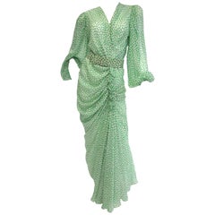 Vintage 1990s Oscar de la Renta Green & White Silk Polka Dot Dress