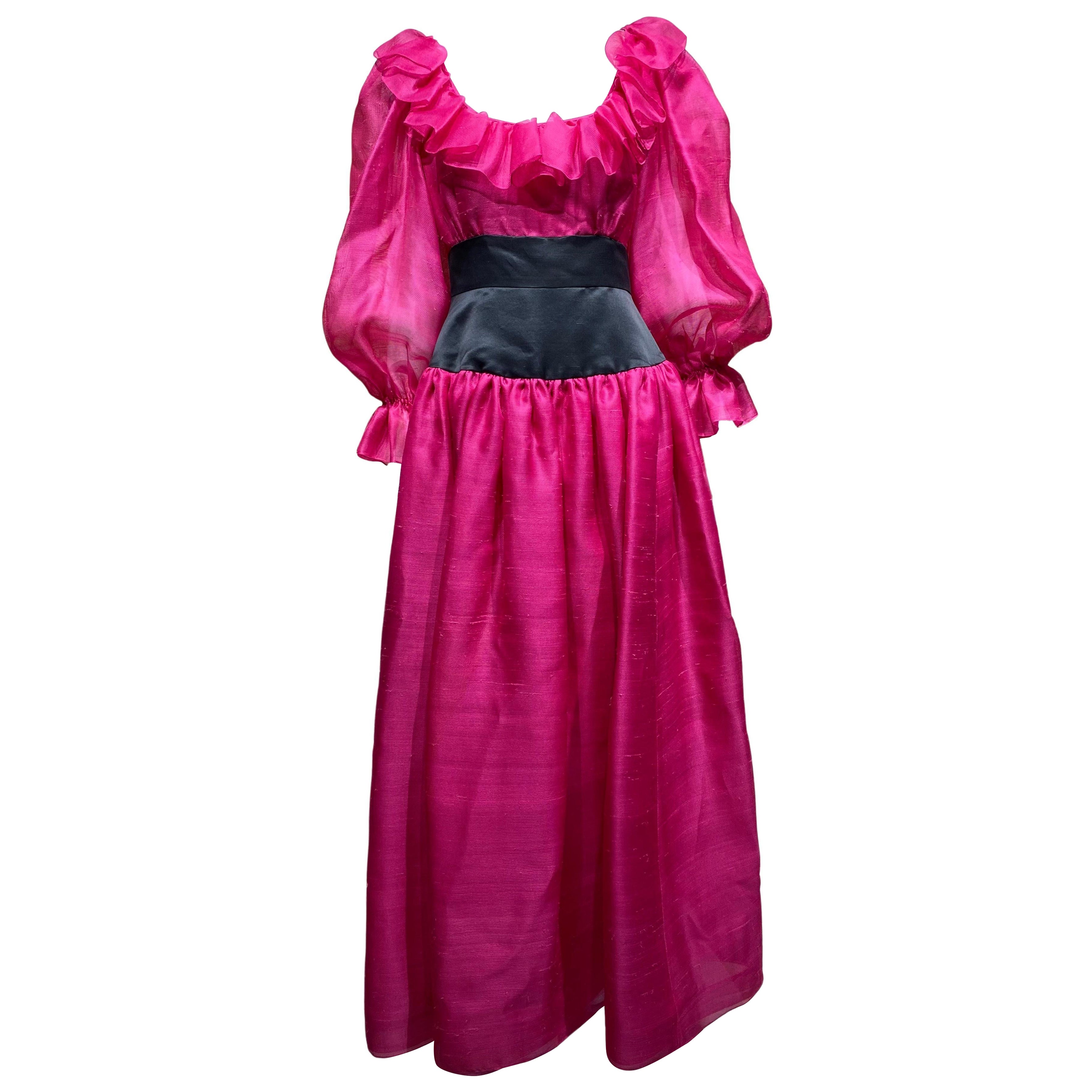 1990s Oscar De La Renta Magenta Pink Silk Dress For Sale