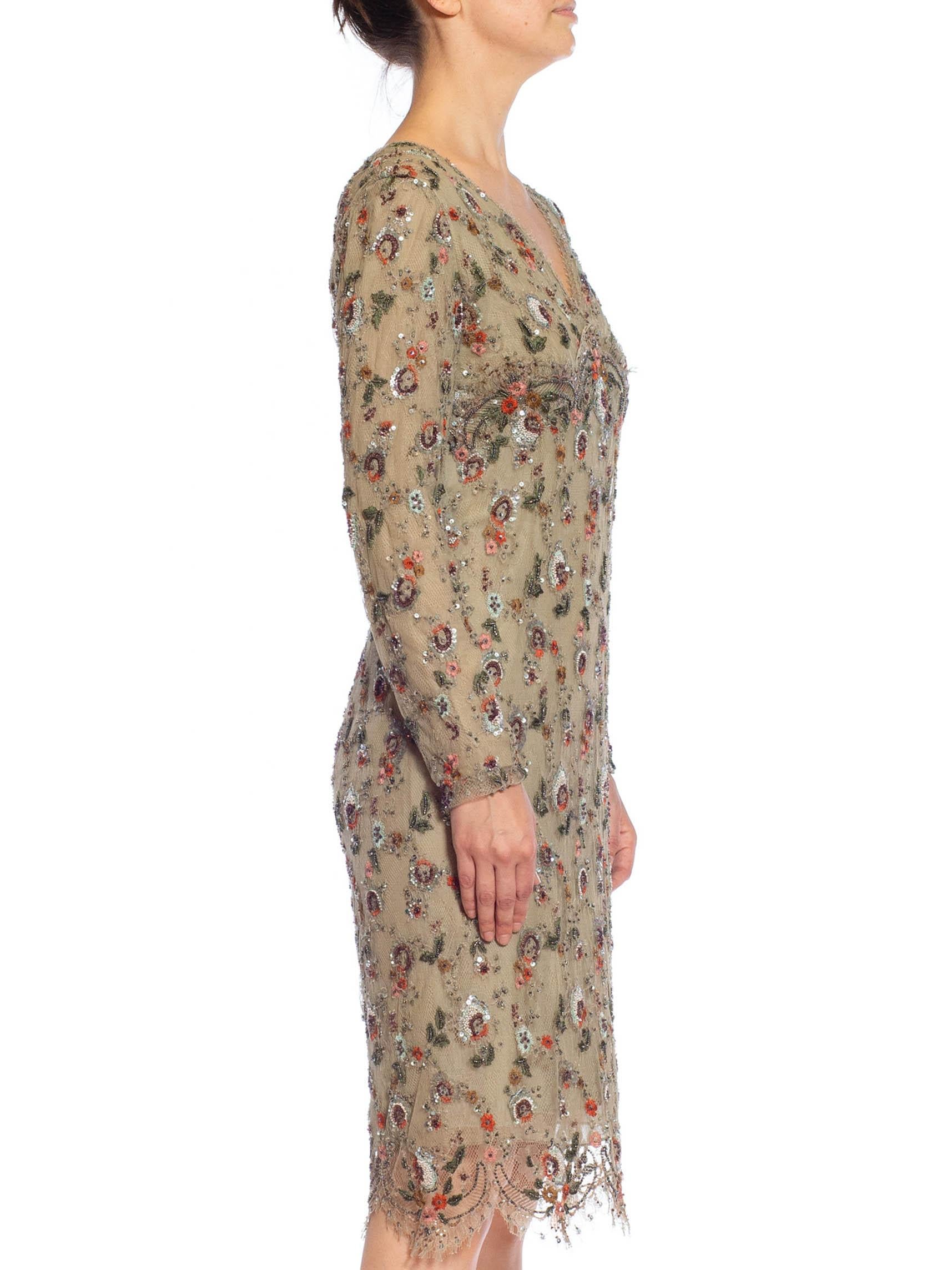 1990S OSCAR DE LA RENTA Off White Silk Fully Beaded & Crystal Encrusted Cocktail Dress