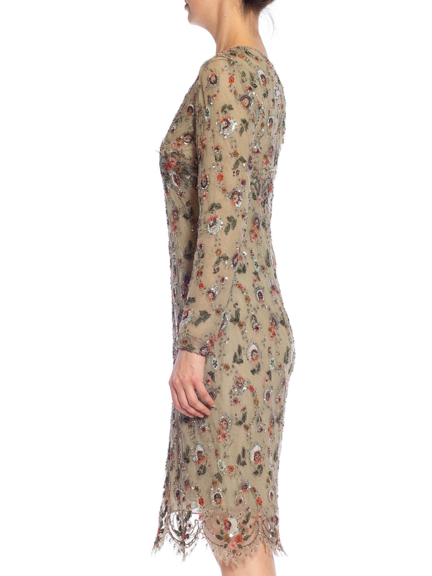 Brown 1990S OSCAR DE LA RENTA Off White Silk Fully Beaded & Crystal Encrusted Cocktai For Sale