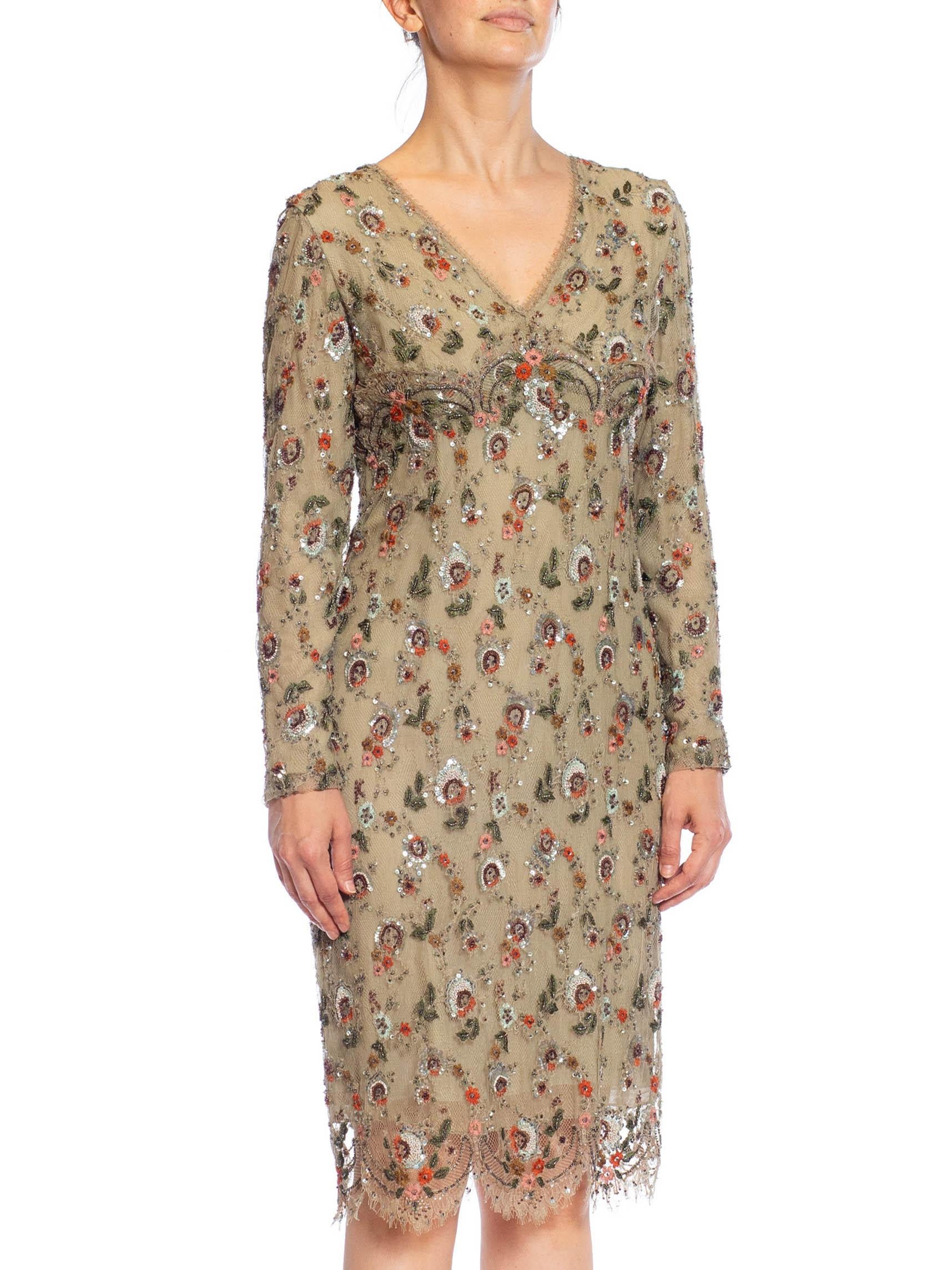 1990S OSCAR DE LA RENTA Off White Silk Fully Beaded & Crystal Encrusted Cocktai For Sale 3