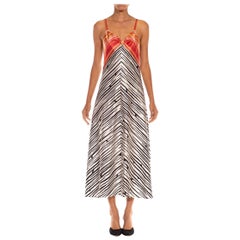 1990S OSCAR DE LA RENTA Orange, Black & White Polyester Satin Stripe Slip Dress