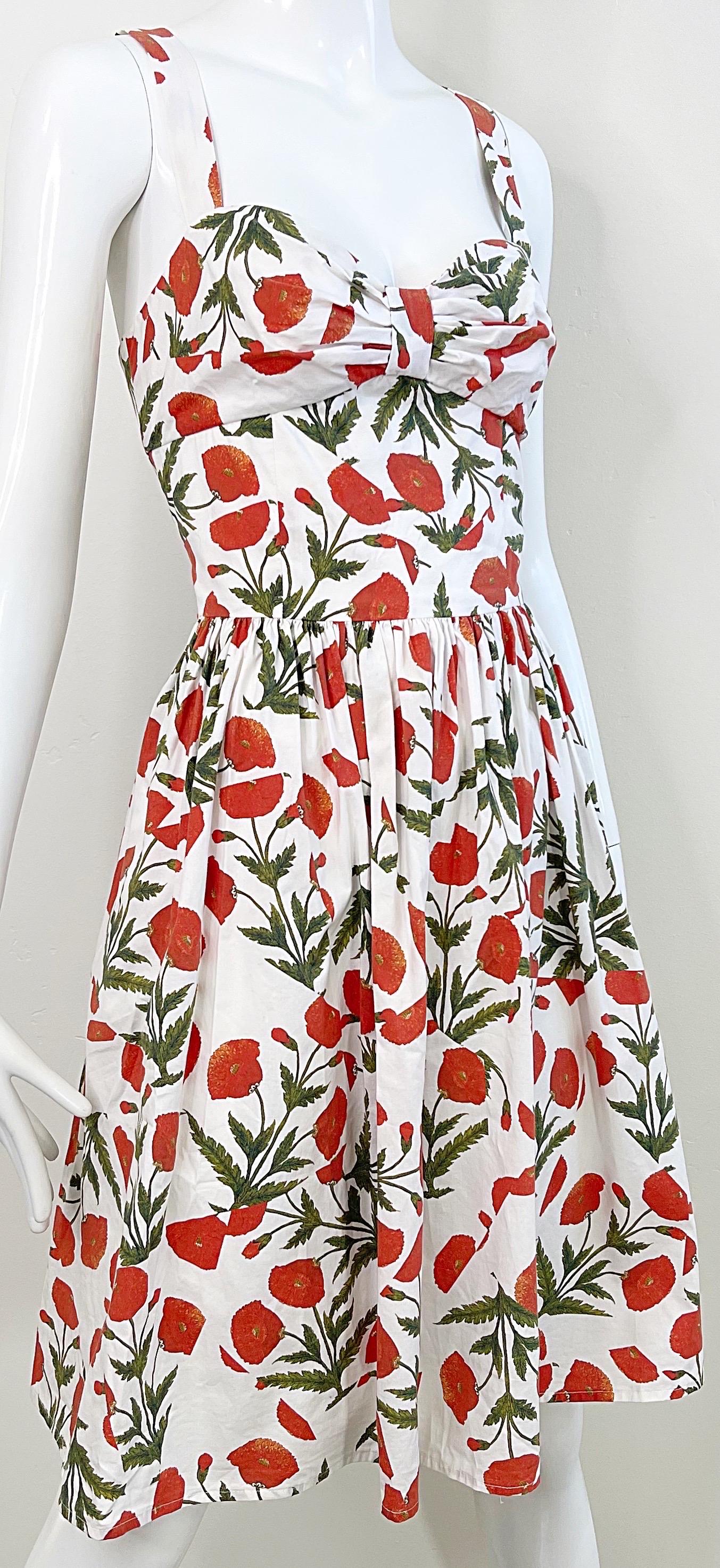 1990s Oscar de la Renta Poppy Print Size 6 Fit & Flare Vintage Cotton 90s Dress For Sale 5