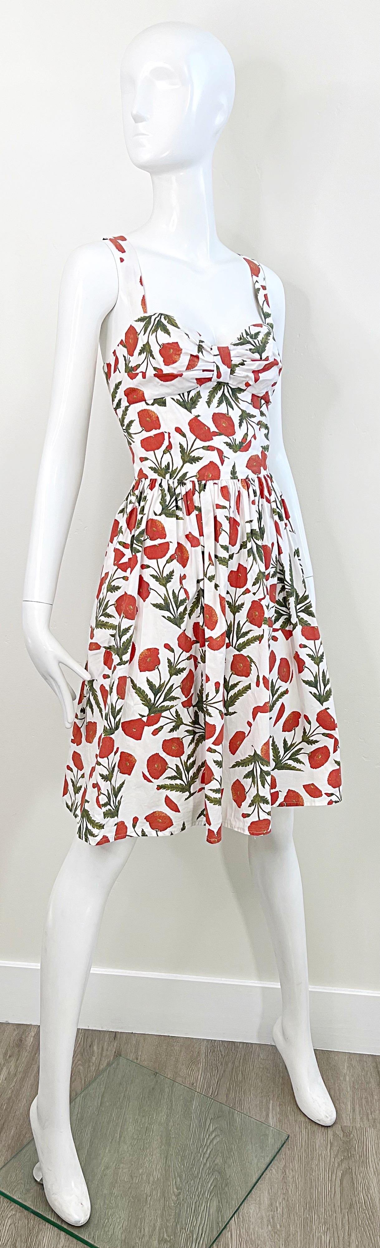 Women's 1990s Oscar de la Renta Poppy Print Size 6 Fit & Flare Vintage Cotton 90s Dress For Sale