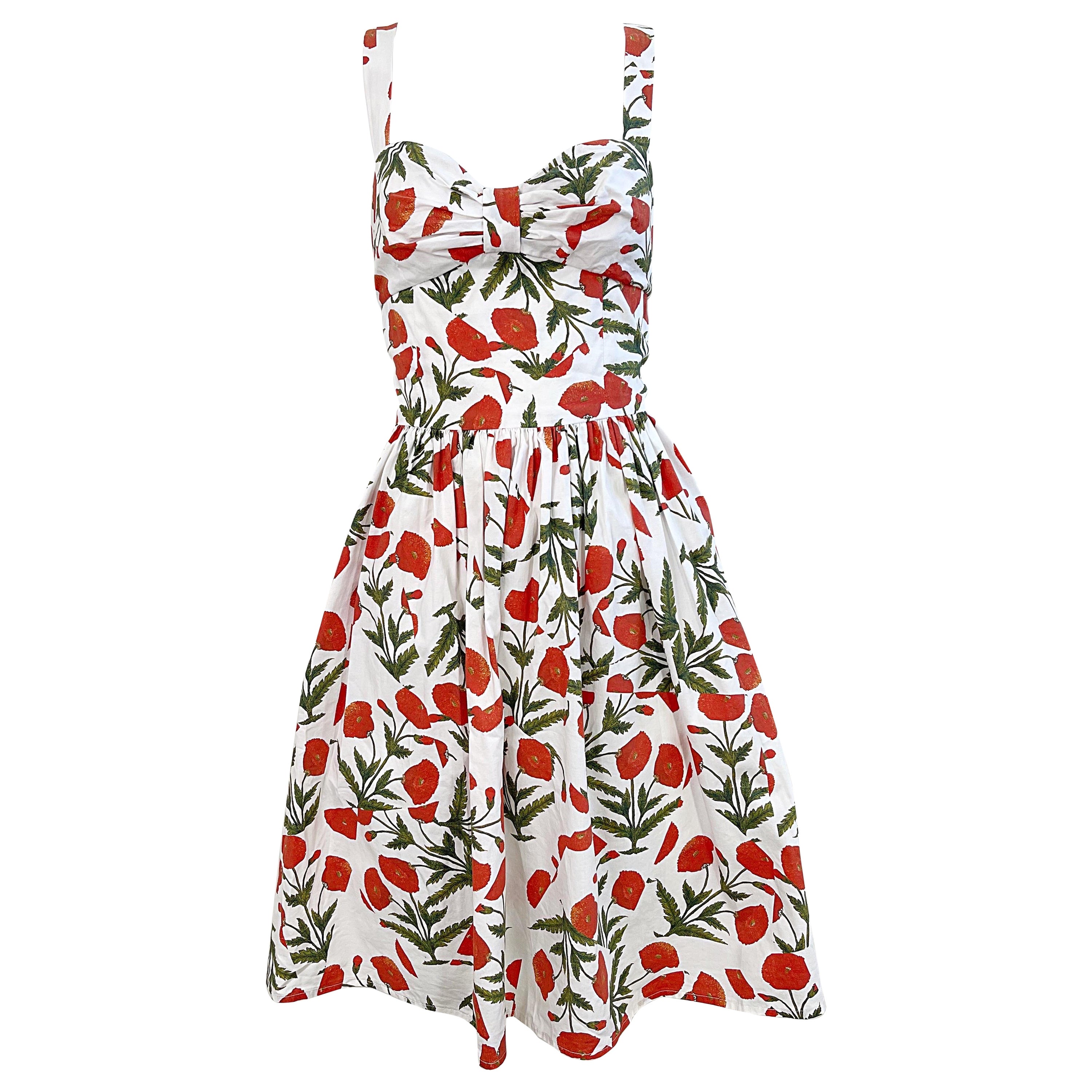 1990er Oscar de la Renta Mohndruck Größe 6 Fit & Flare Vintage Baumwolle 90er Jahre Kleid im Angebot