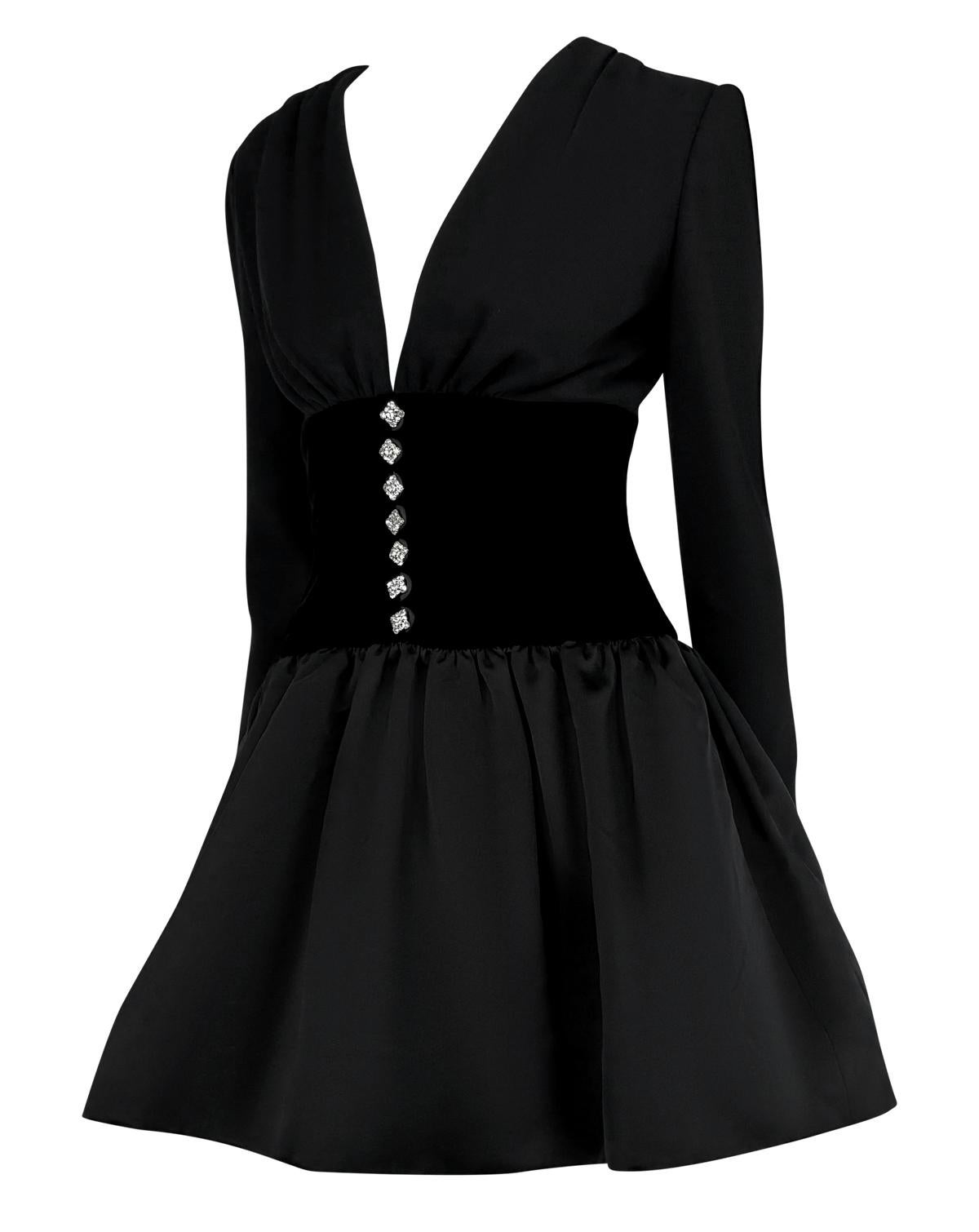 1990s Oscar de La Renta Rhinestone Plunging Black Velvet Satin Flare Mini Dress In Excellent Condition In West Hollywood, CA