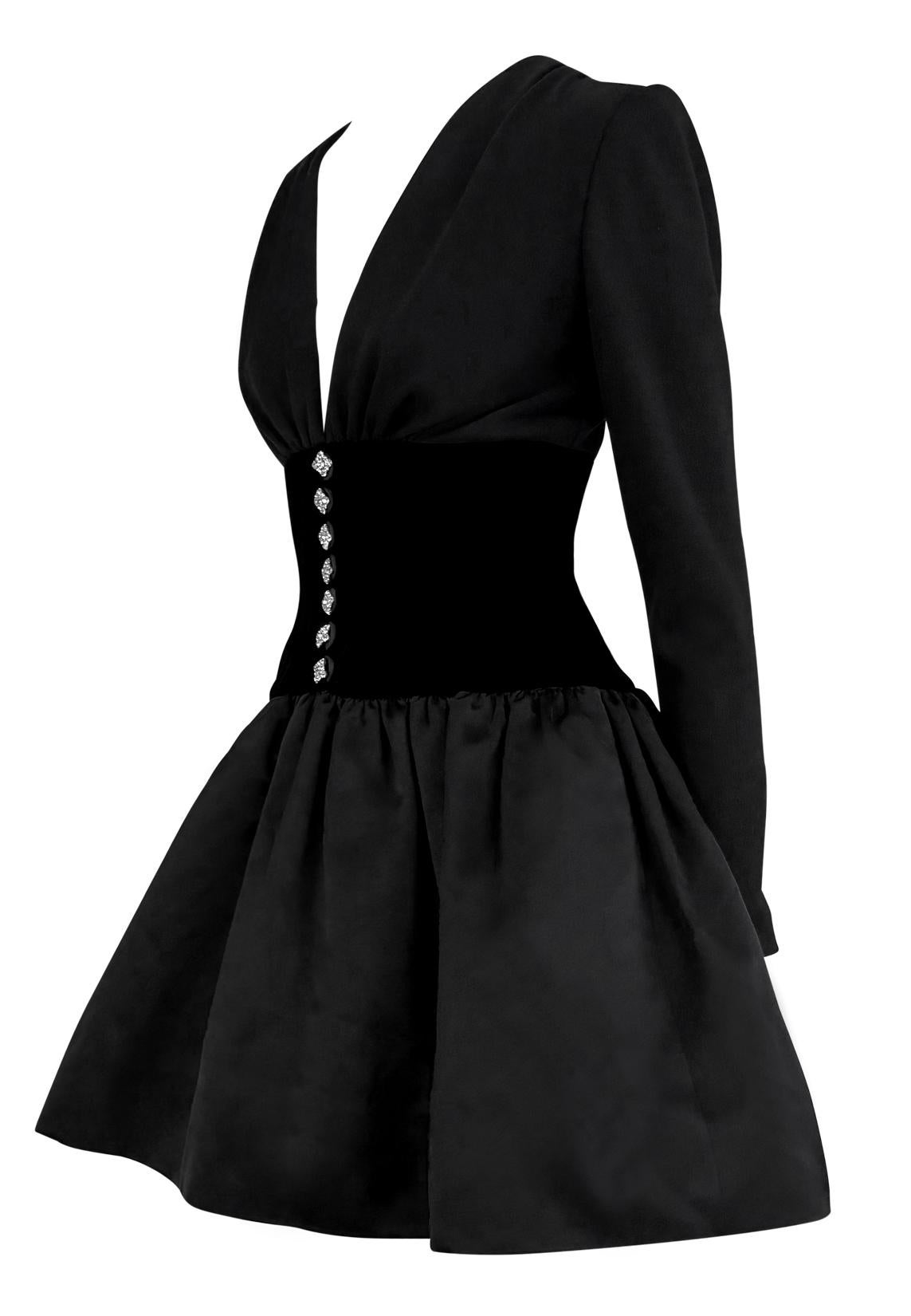 Women's 1990s Oscar de La Renta Rhinestone Plunging Black Velvet Satin Flare Mini Dress