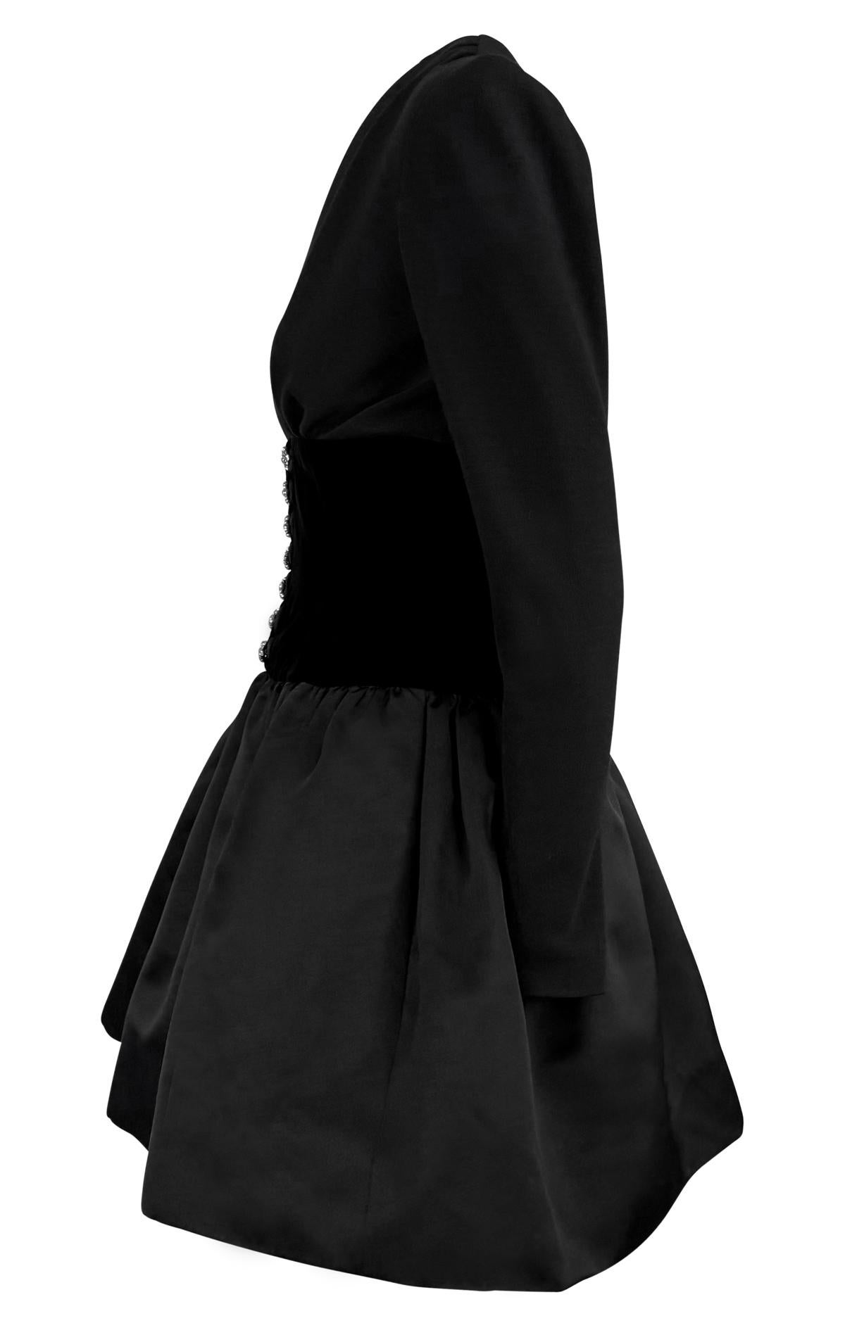 1990s Oscar de La Renta Rhinestone Plunging Black Velvet Satin Flare Mini Dress 1