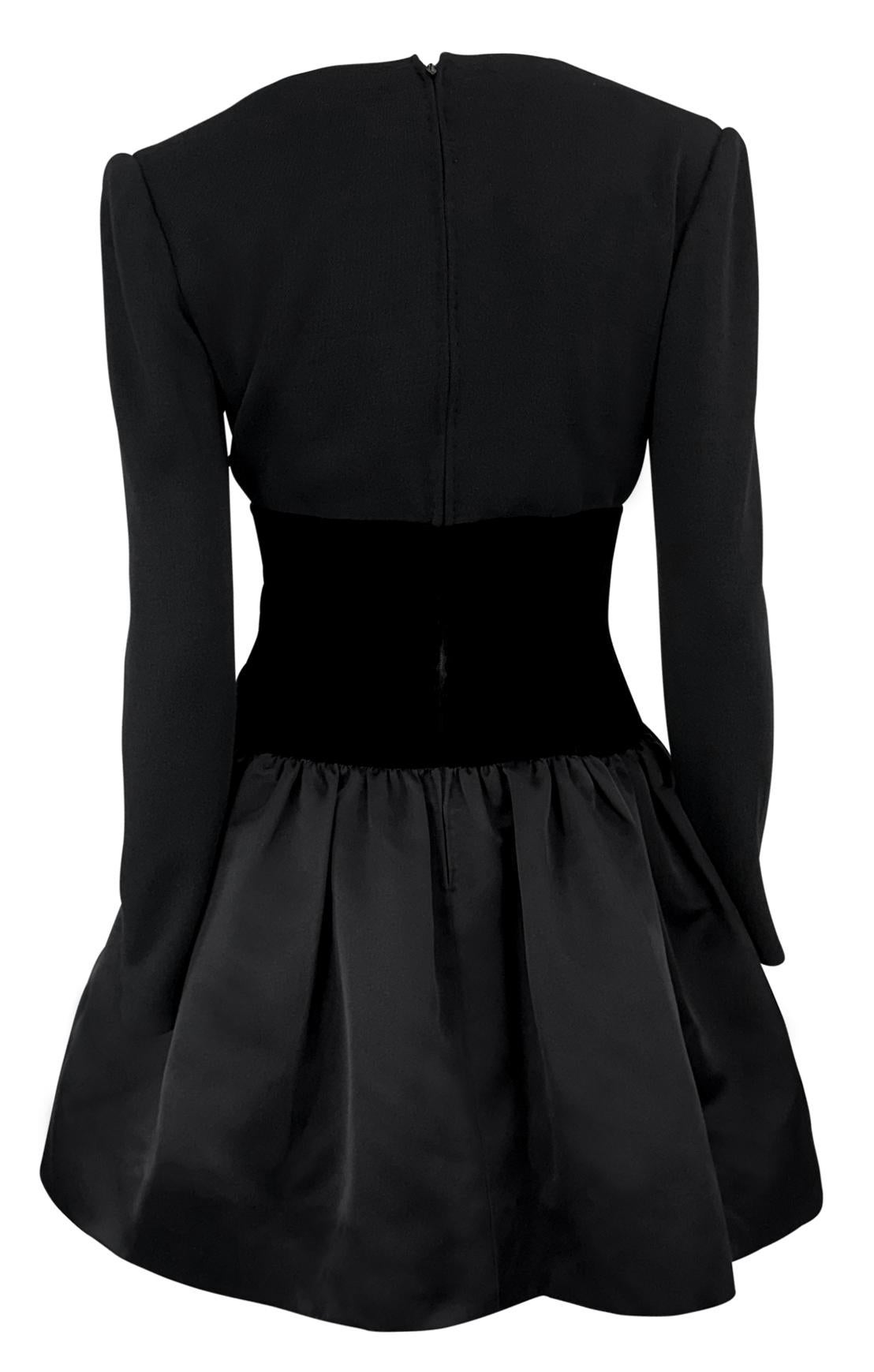 1990s Oscar de La Renta Rhinestone Plunging Black Velvet Satin Flare Mini Dress 2