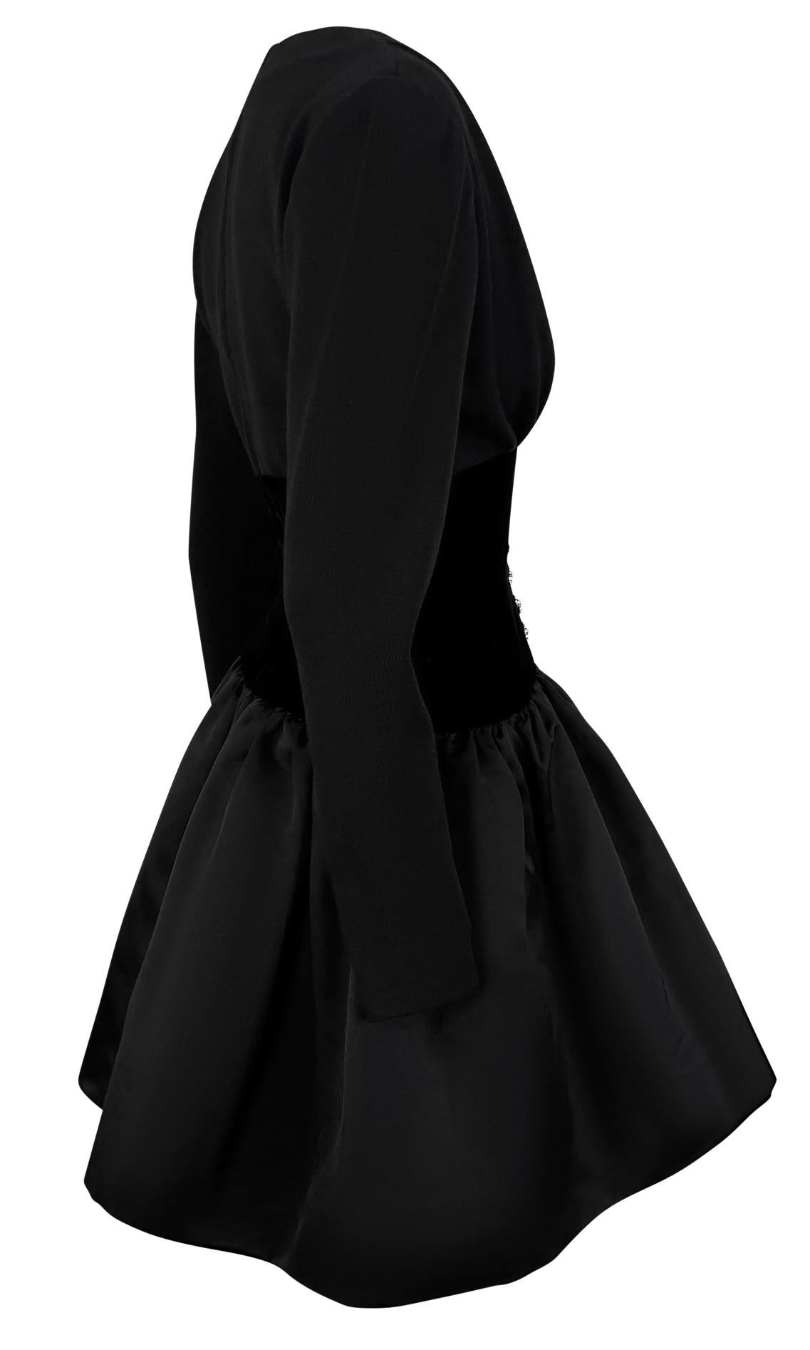 1990s Oscar de La Renta Rhinestone Plunging Black Velvet Satin Flare Mini Dress 3