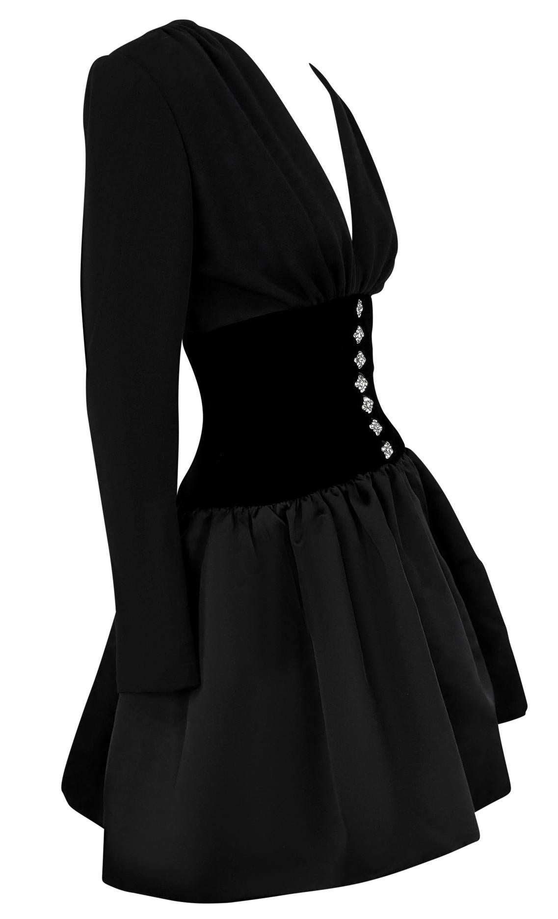 1990s Oscar de La Renta Rhinestone Plunging Black Velvet Satin Flare Mini Dress 4