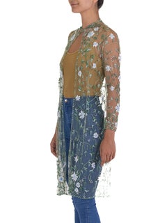 1990S Oscar De La Renta Sage Green & White Floral Mesh Beaded Duster