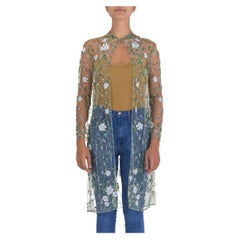 1990S Oscar De La Renta Sage Green & White Floral Mesh Beaded Duster