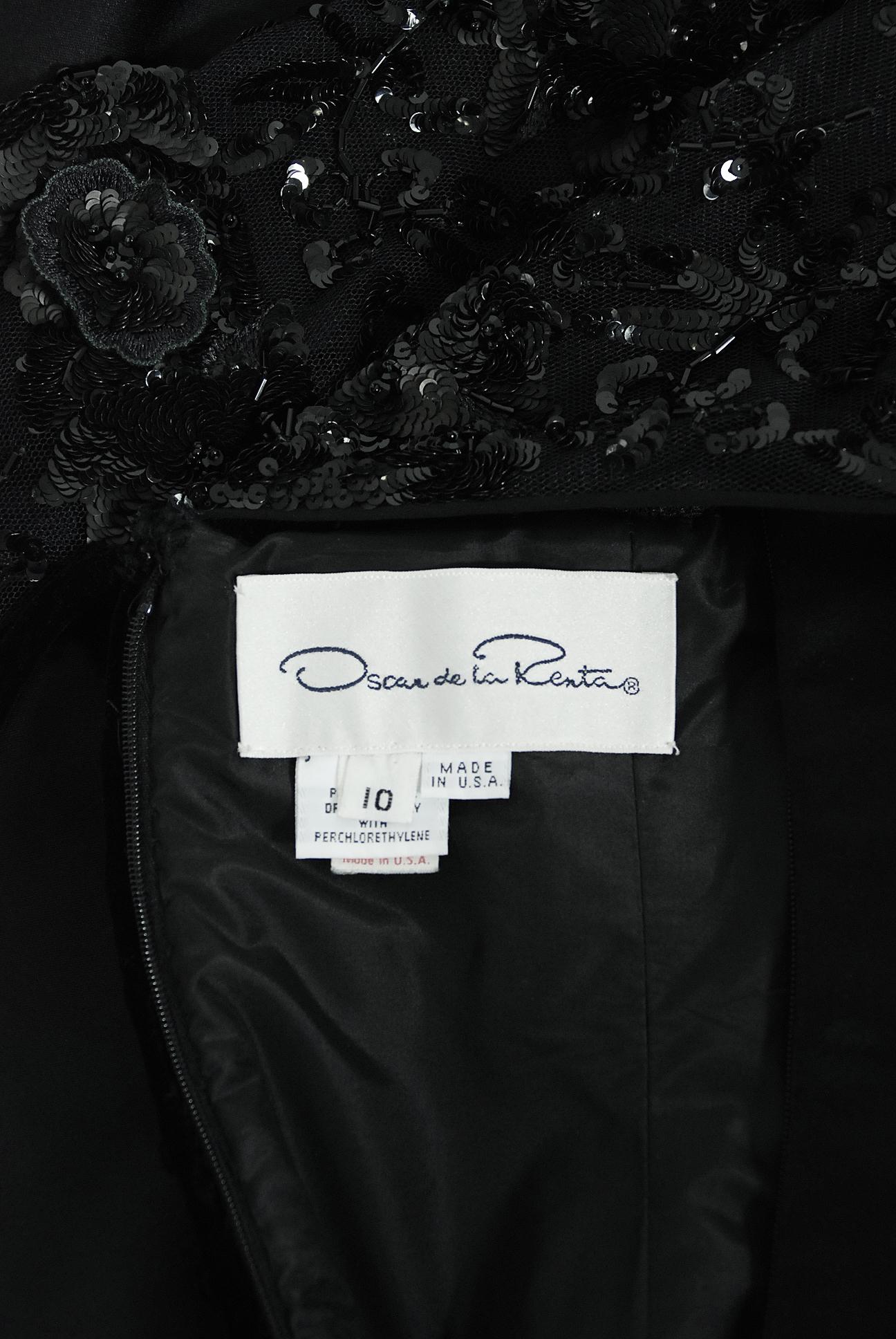 1990's Oscar de la Renta Sequin Sheer Illusion Black Duchess Silk Satin Gown  6