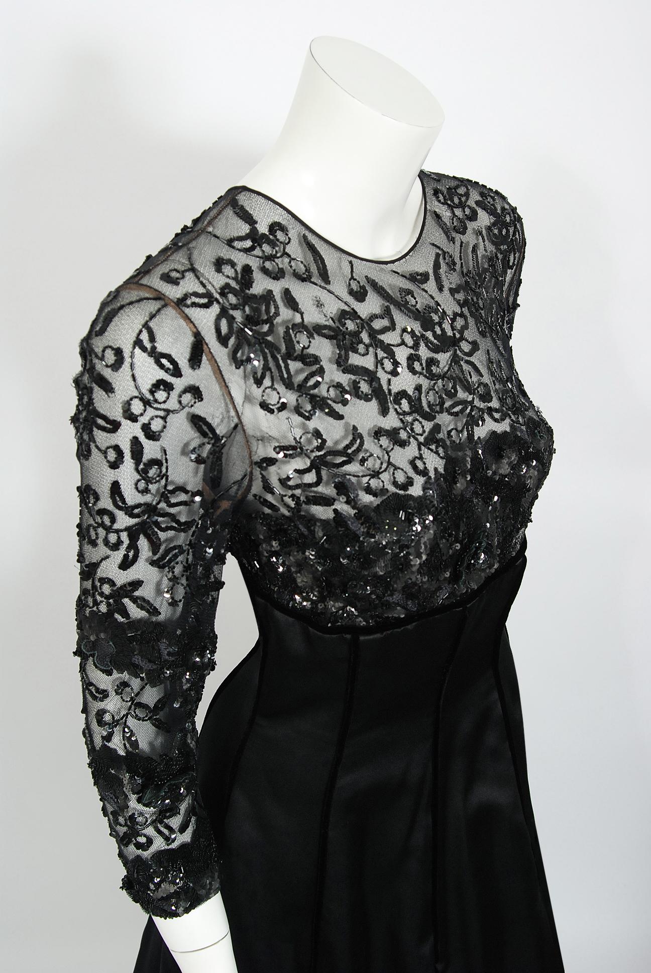 Women's 1990's Oscar de la Renta Sequin Sheer Illusion Black Duchess Silk Satin Gown 