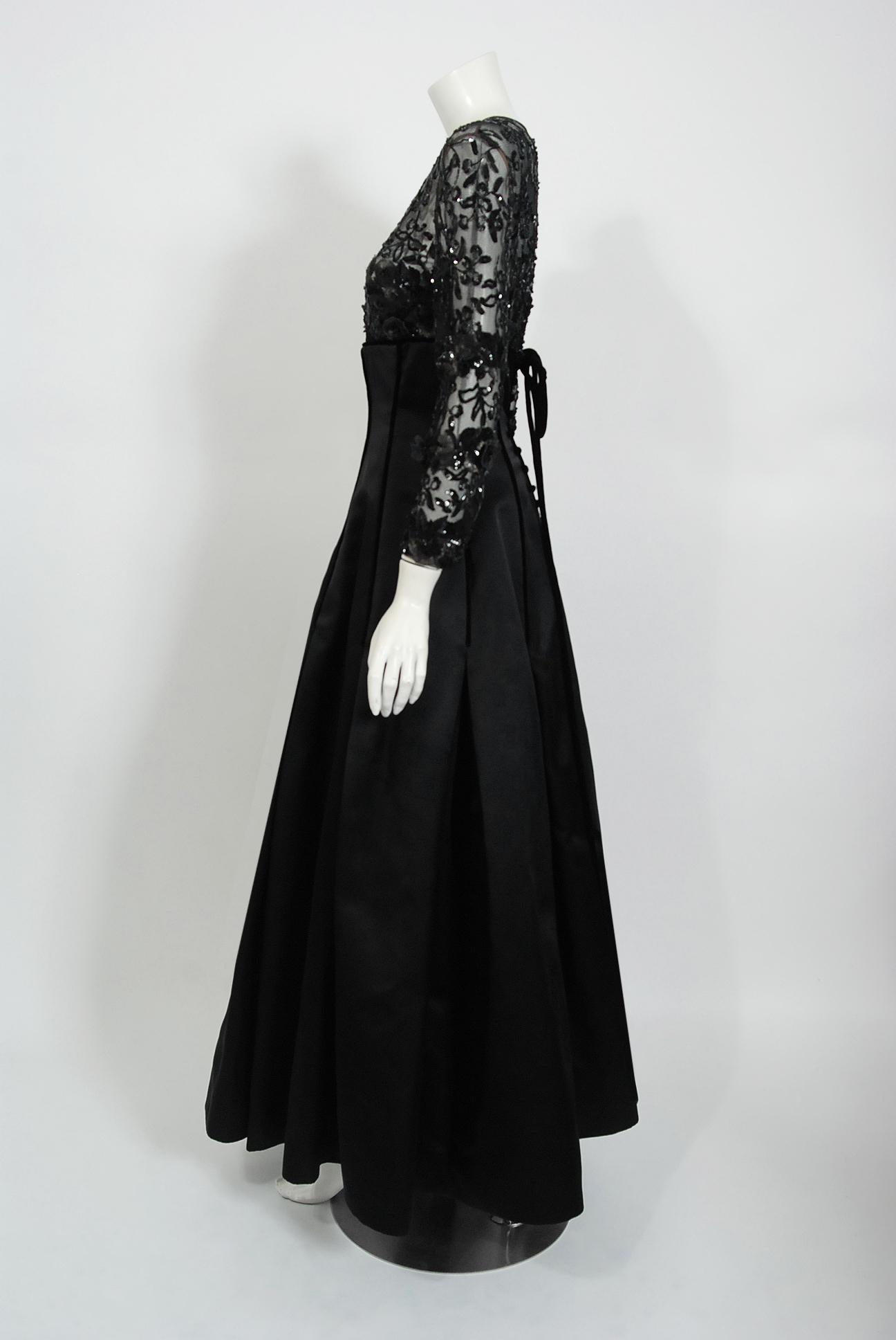 1990's Oscar de la Renta Sequin Sheer Illusion Black Duchess Silk Satin Gown  2