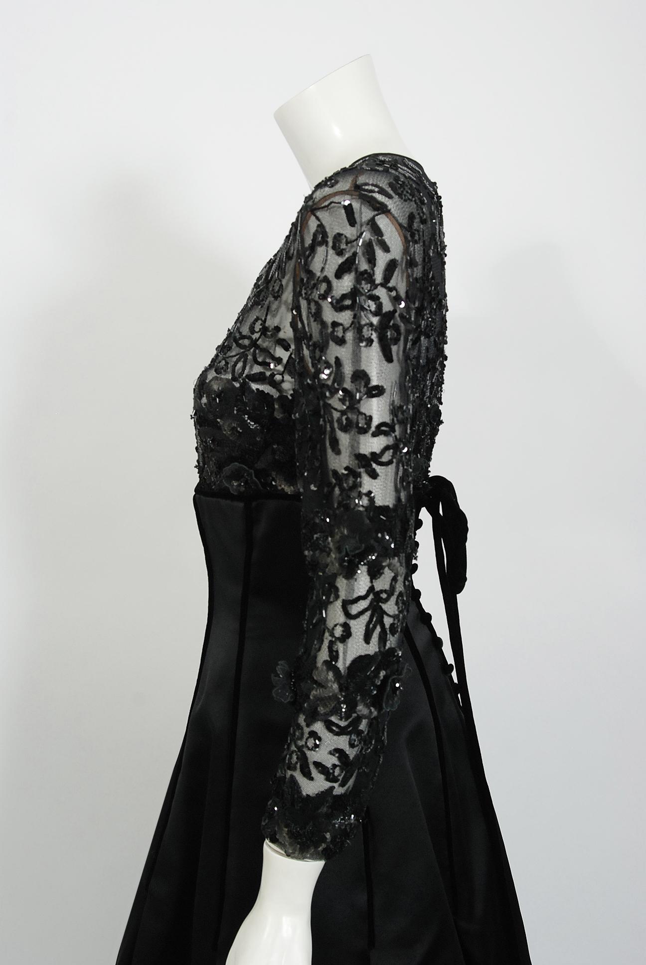 1990's Oscar de la Renta Sequin Sheer Illusion Black Duchess Silk Satin Gown  3