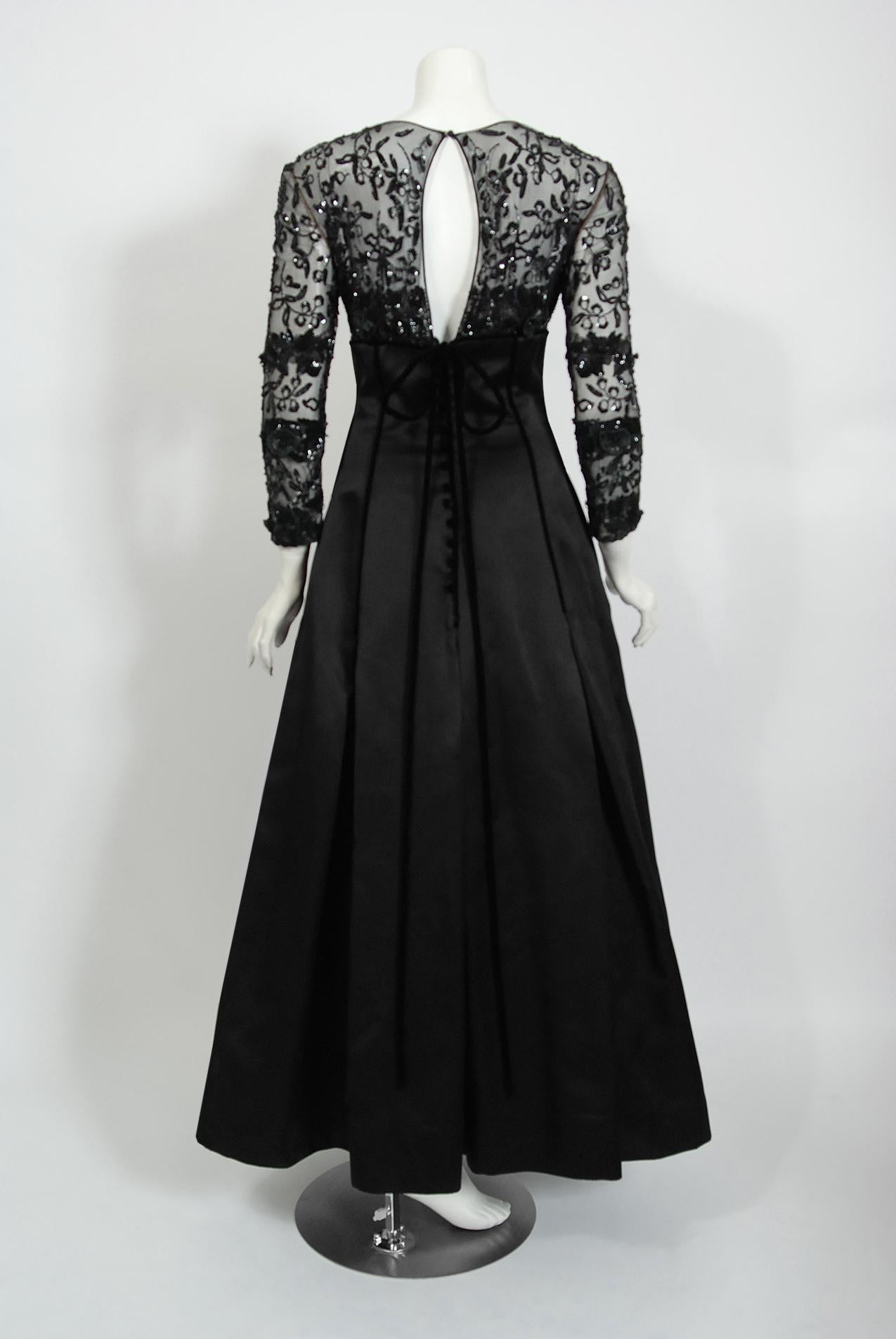 1990's Oscar de la Renta Sequin Sheer Illusion Black Duchess Silk Satin Gown  4