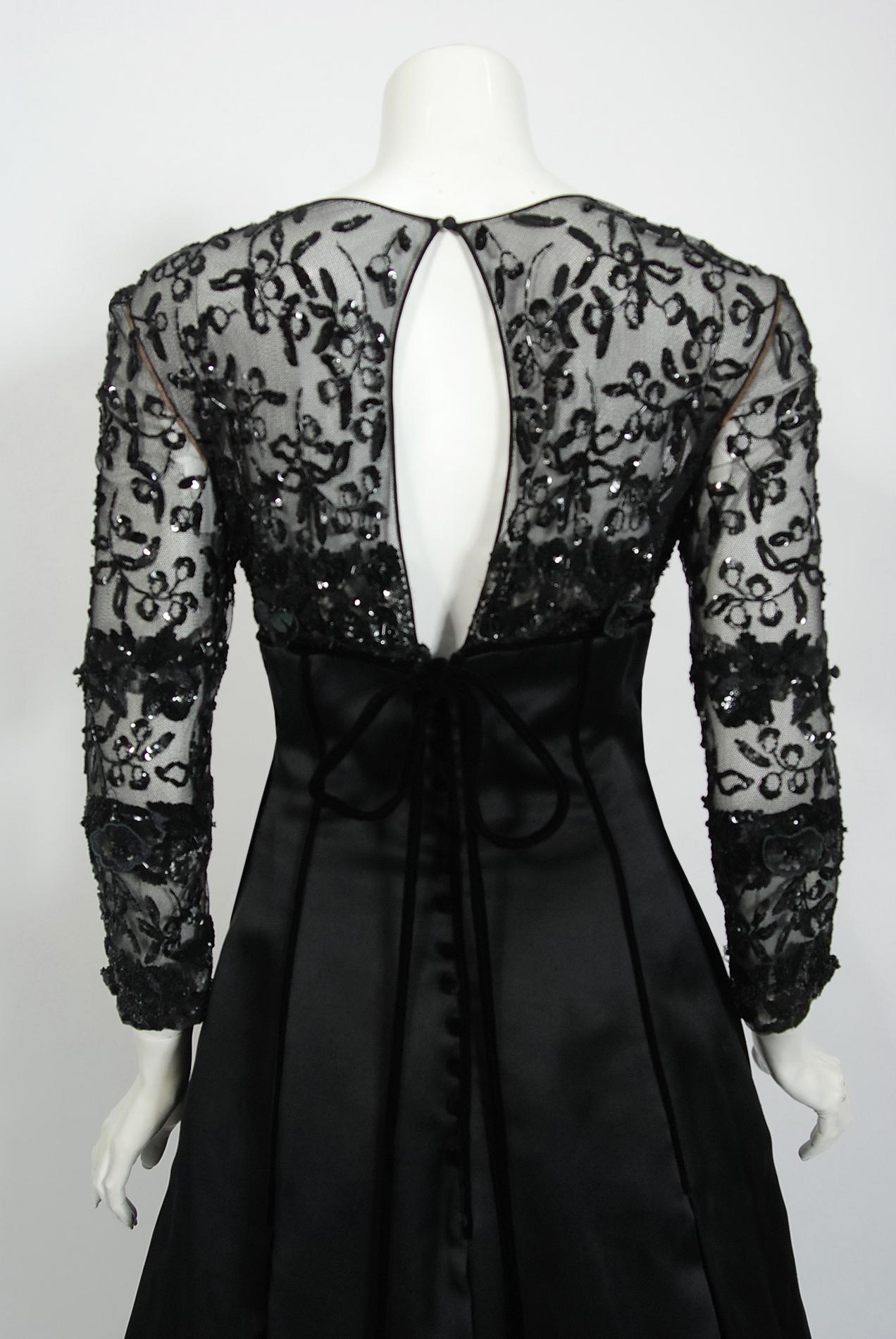 1990's Oscar de la Renta Sequin Sheer Illusion Black Duchess Silk Satin Gown  5