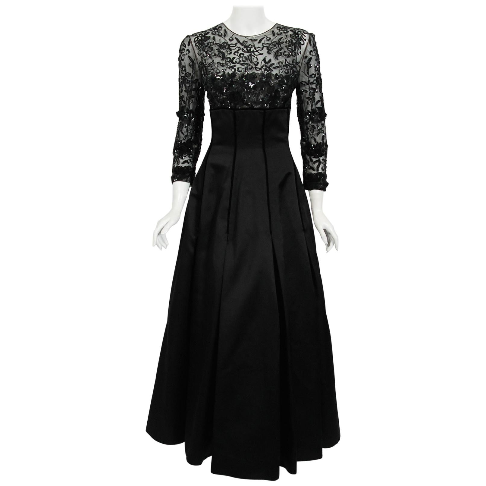 1990's Oscar de la Renta Sequin Sheer Illusion Black Duchess Silk Satin Gown 