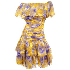 1990s Oscar de la Renta Silk Gold Floral Off the Shoulder Dress