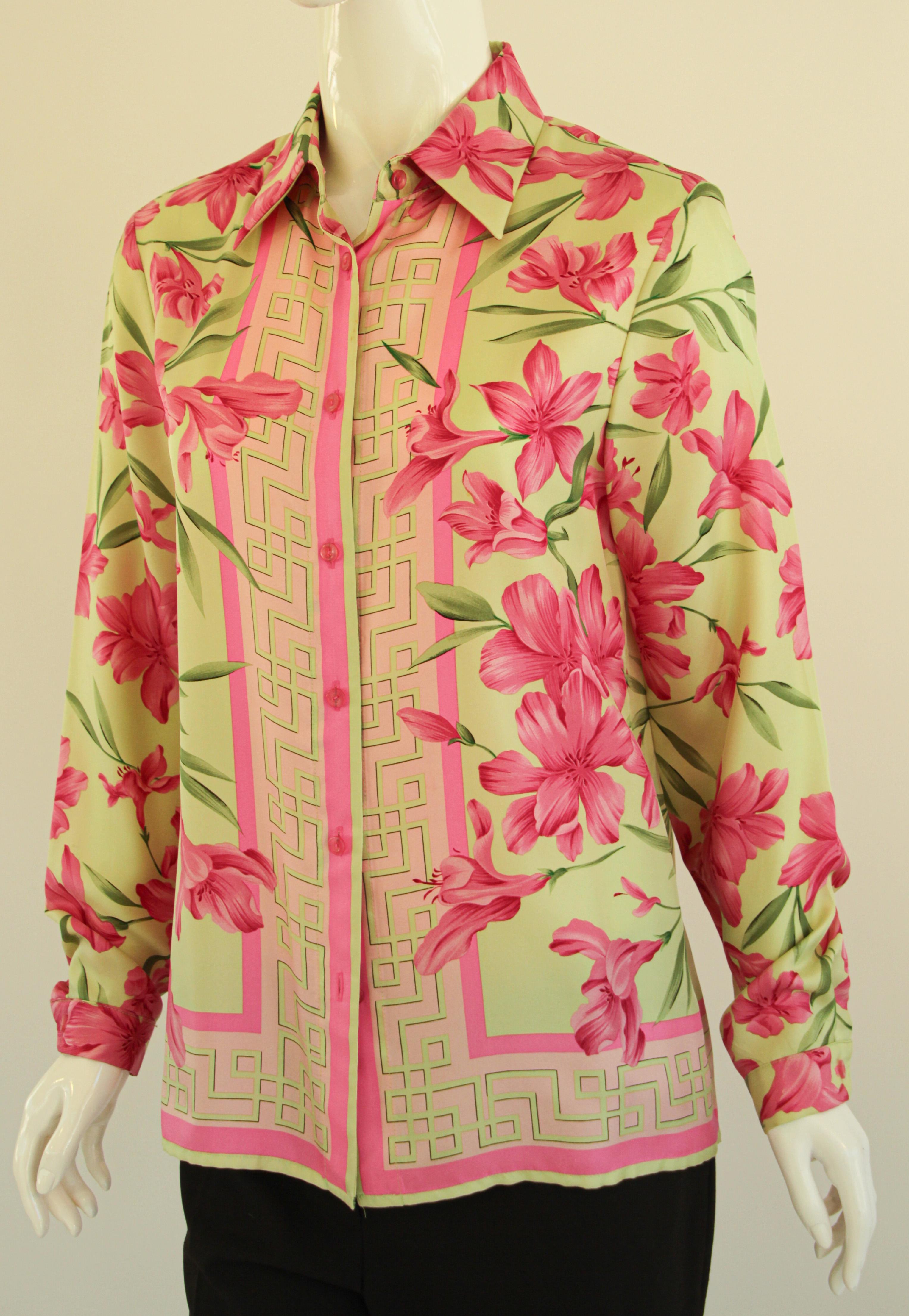 1990's Oscar De La Renta Silk Pink and Green Blouse For Sale 3