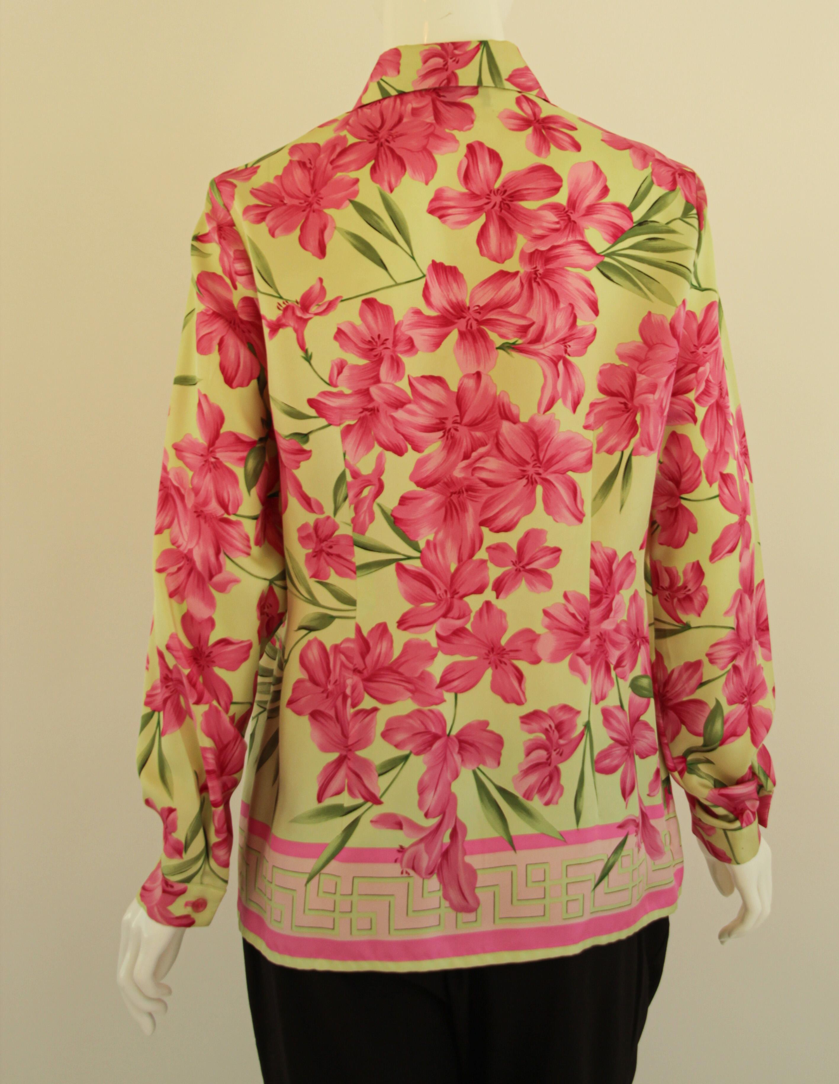 1990's Oscar De La Renta Silk Pink and Green Blouse For Sale 4