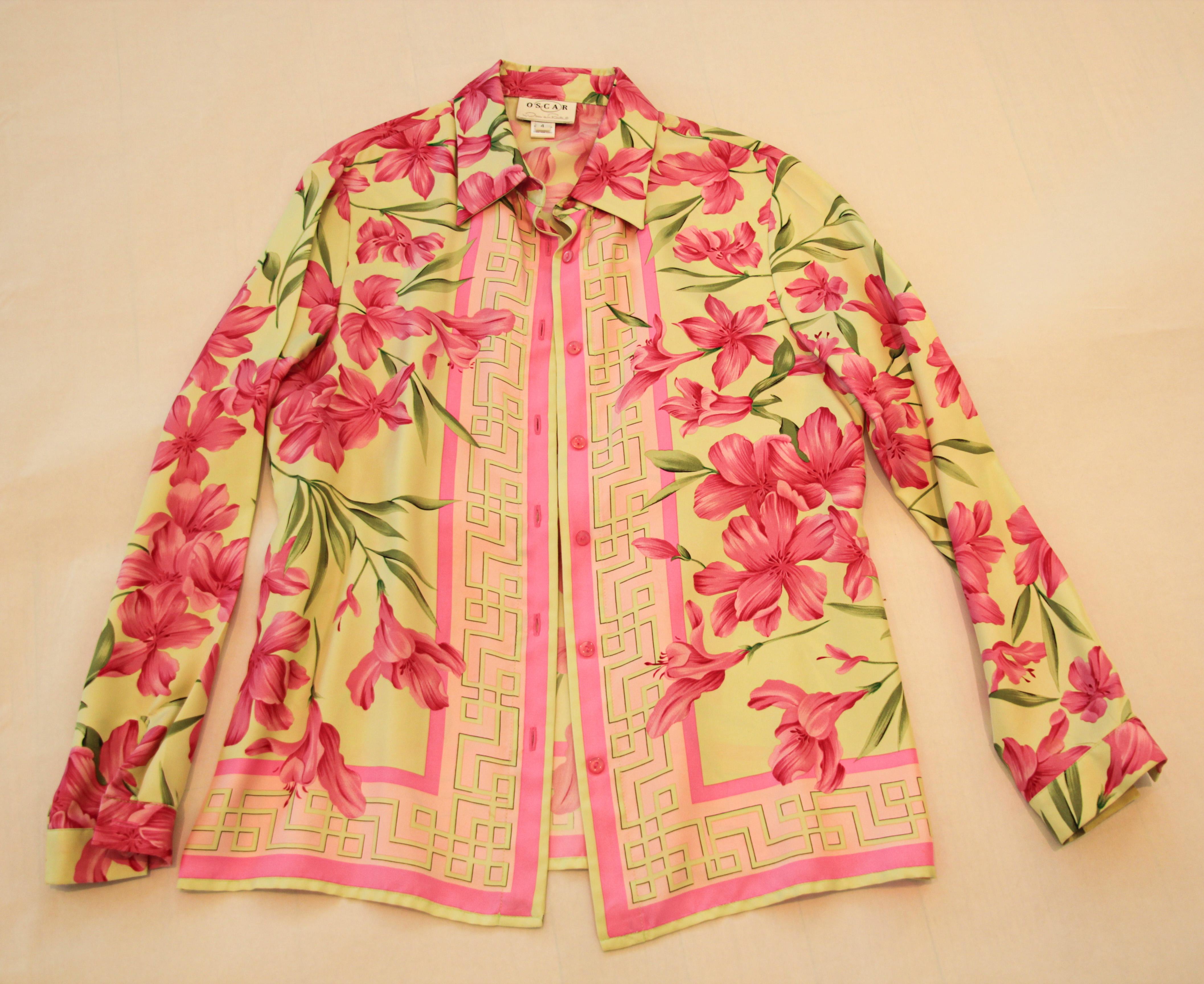 1990's Oscar De La Renta Silk Pink and Green Blouse For Sale 7