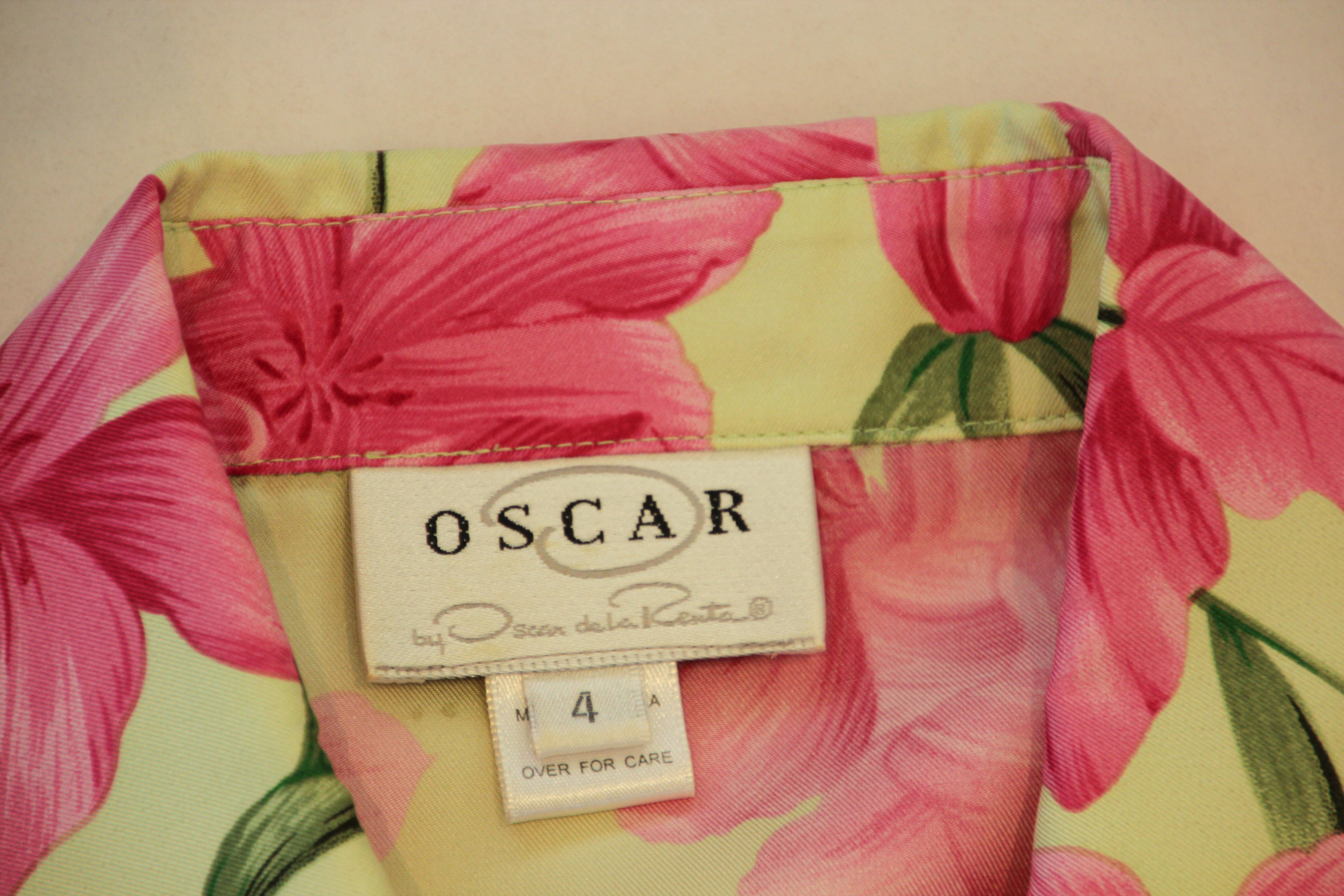 1990's Oscar De La Renta Silk Pink and Green Blouse For Sale 8