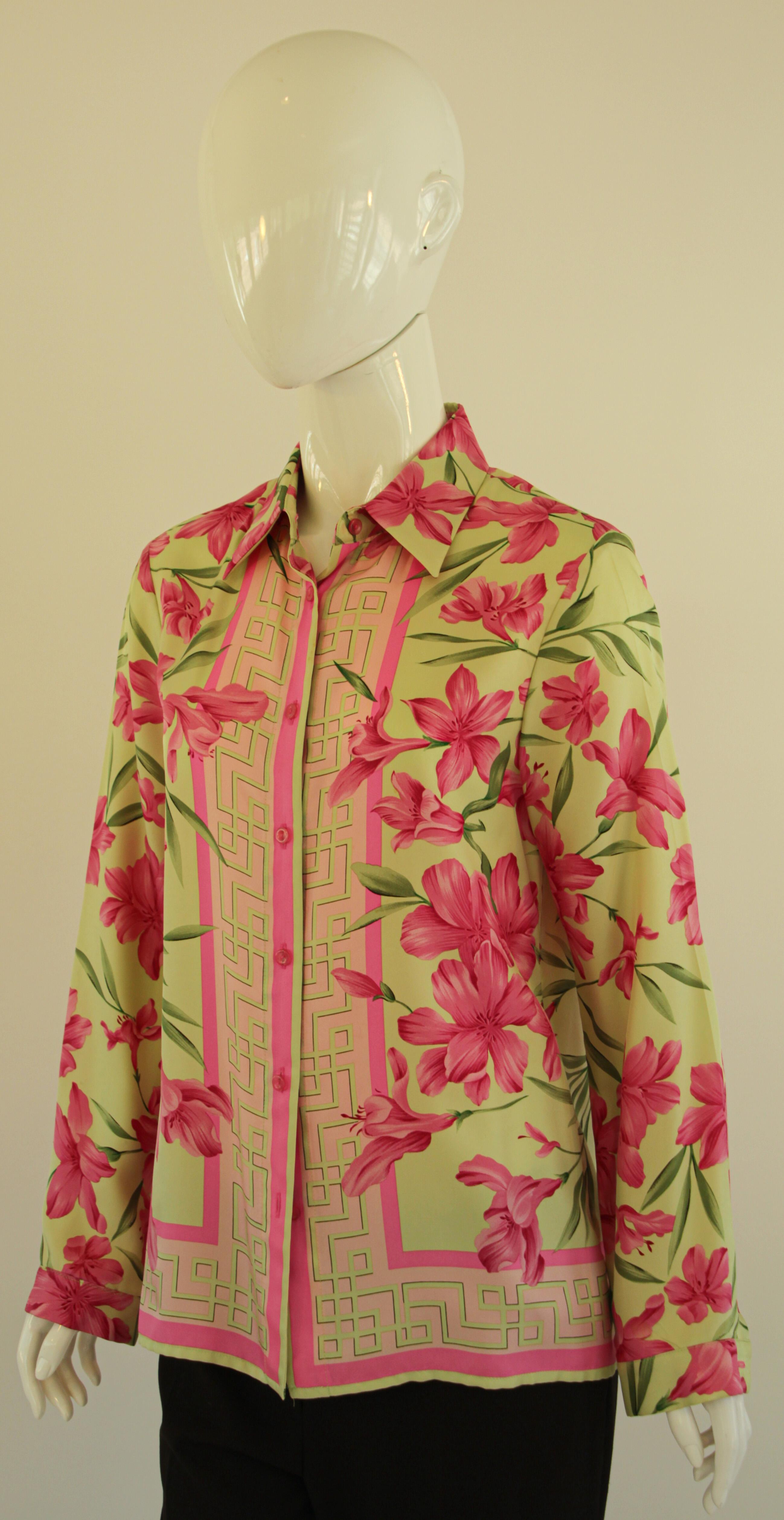 1990's Oscar De La Renta Silk Pink and Green Blouse For Sale 9