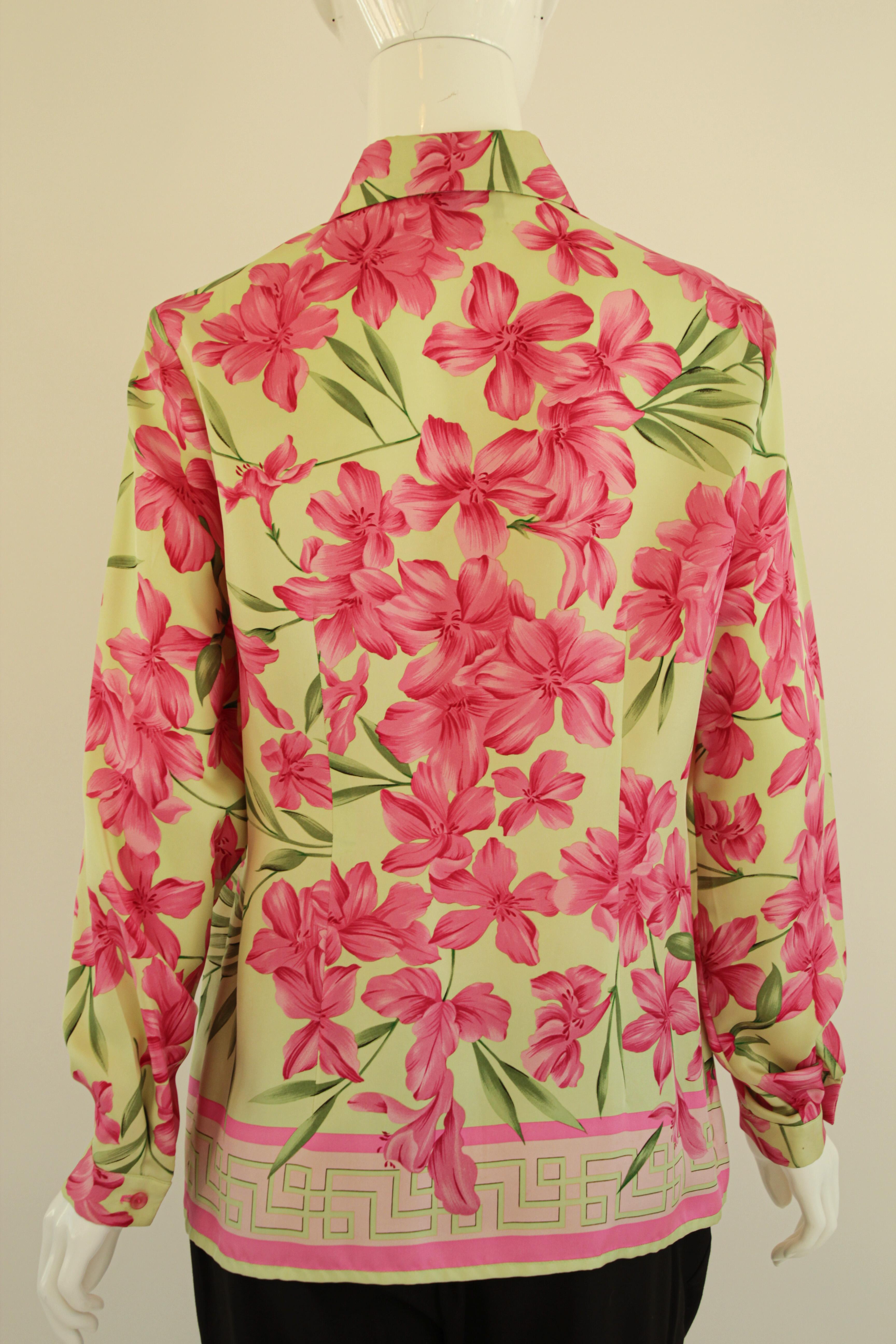 1990's Oscar De La Renta Silk Pink and Green Blouse For Sale 10