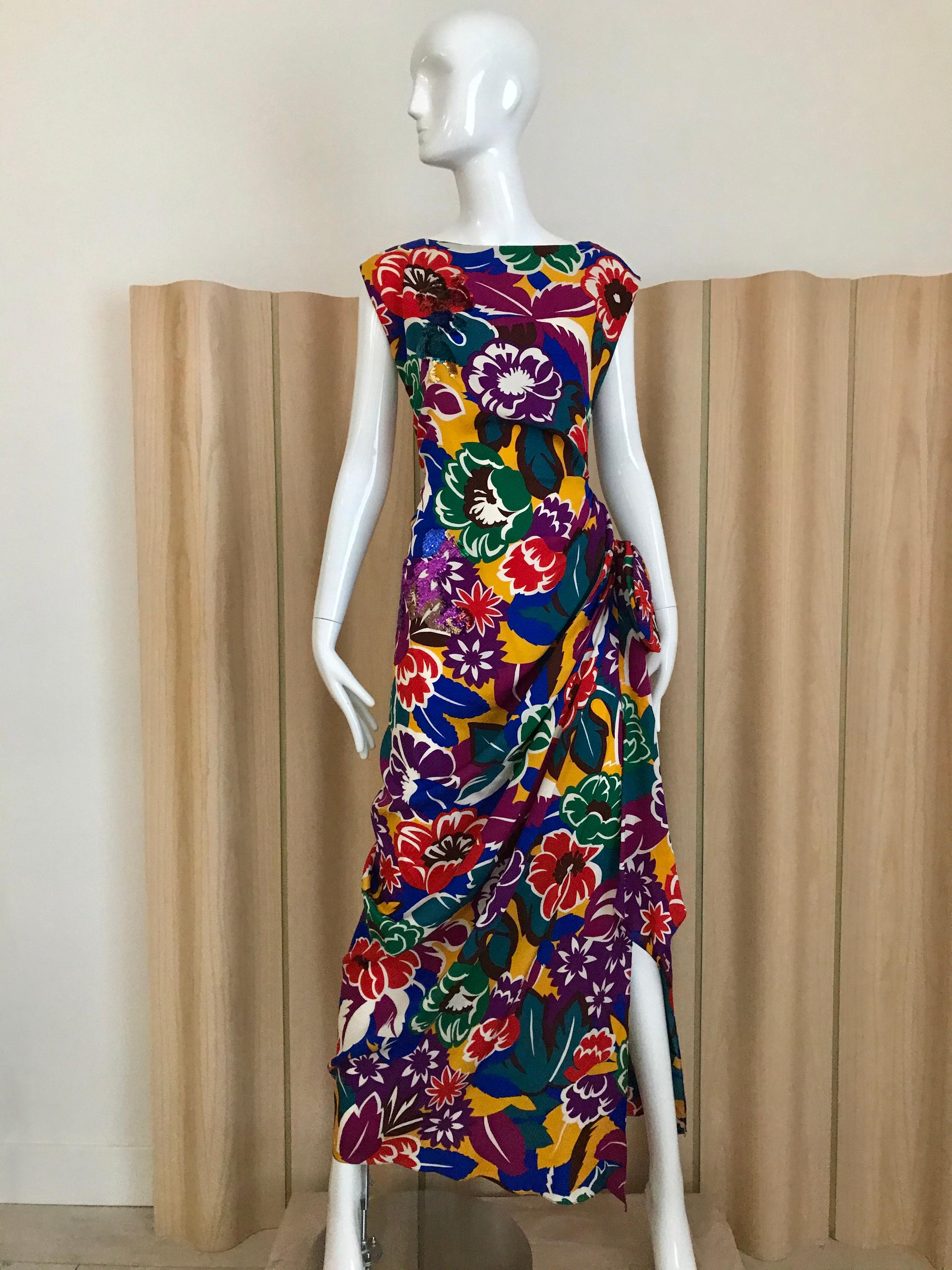 1990s Oscar De La RENTA Silk Rayon  Multi Color Print Floral Cocktail Dress 2