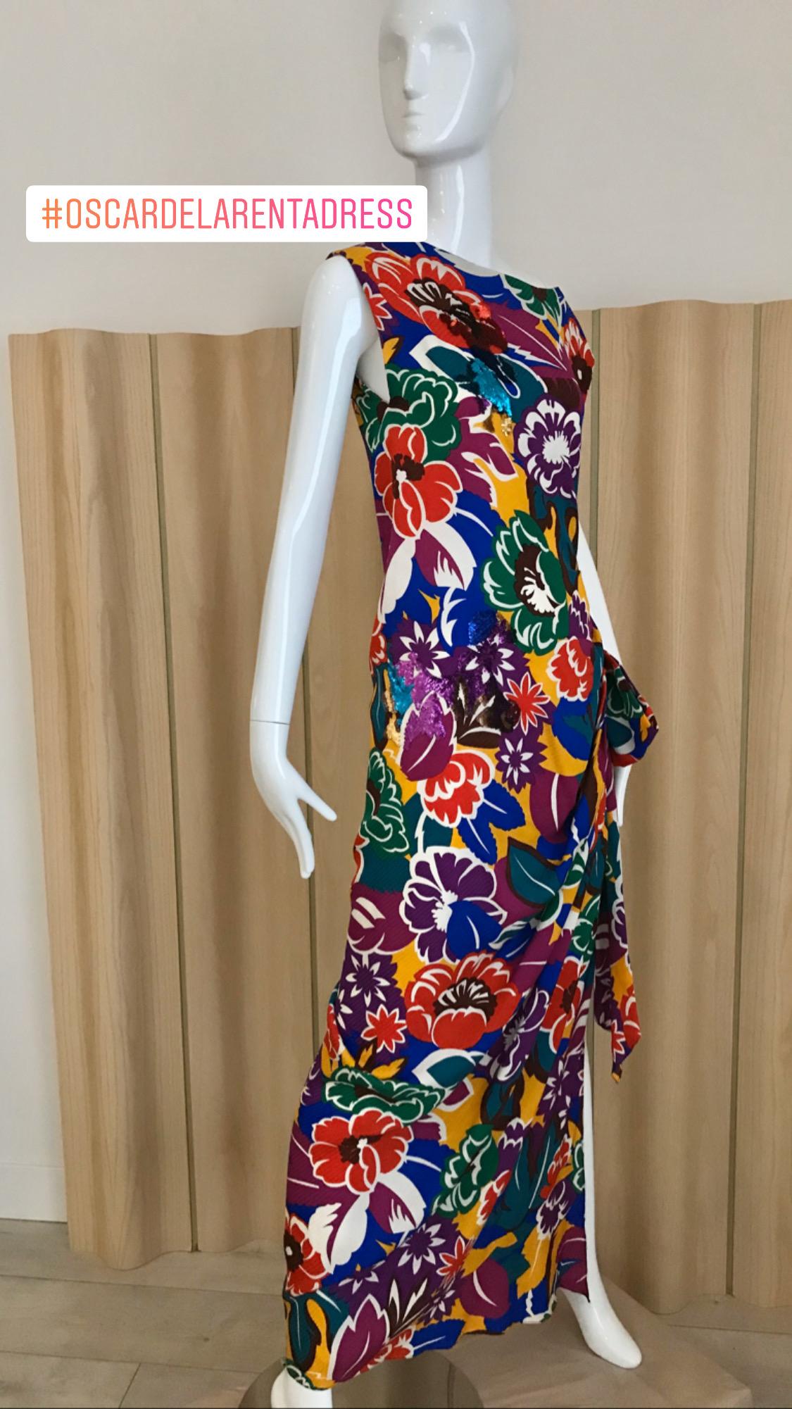 1990s Oscar De La RENTA Silk Rayon  Multi Color Print Floral Cocktail Dress 4