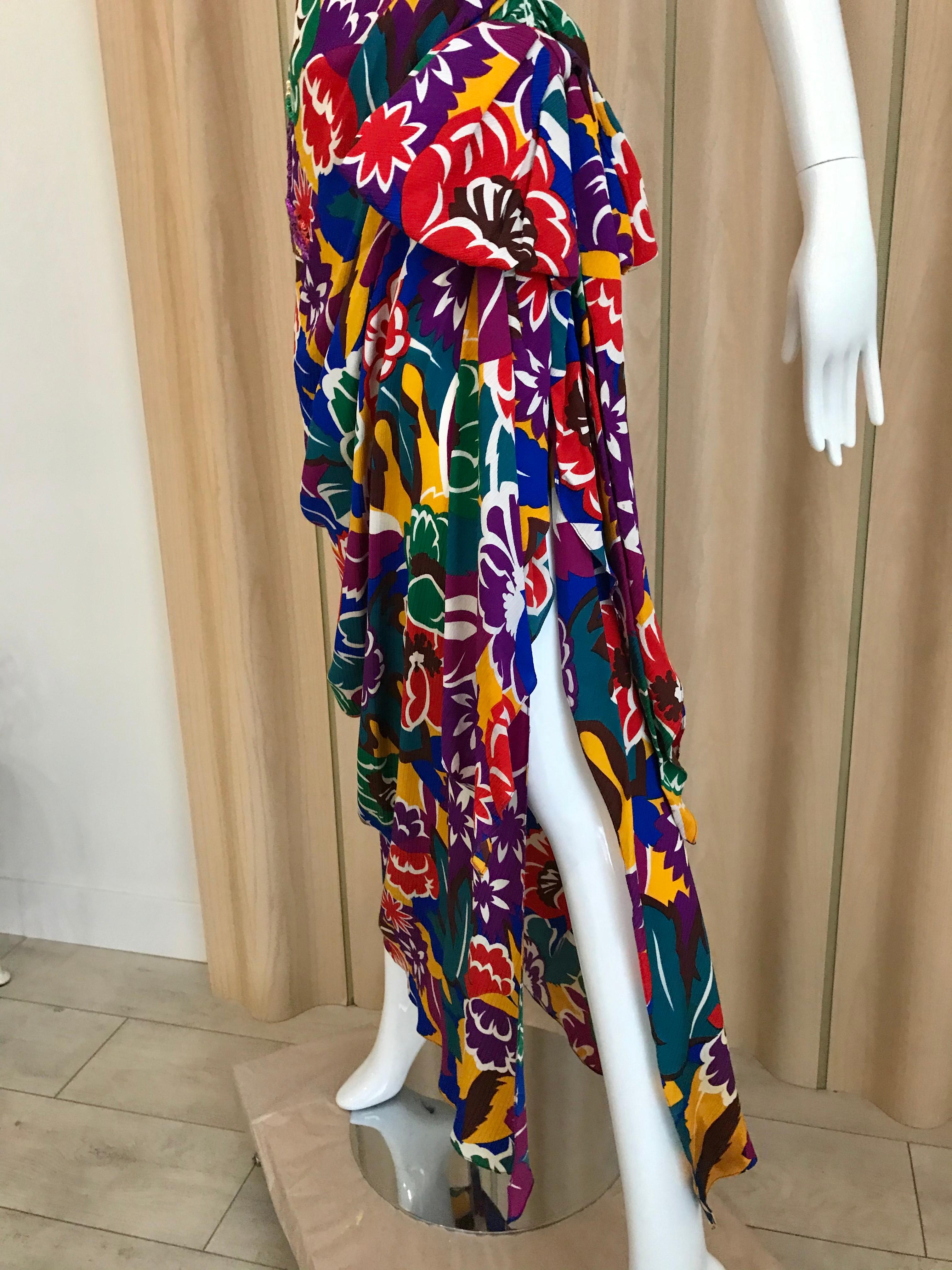 1990s Oscar De La RENTA Silk Rayon  Multi Color Print Floral Cocktail Dress In Good Condition In Beverly Hills, CA