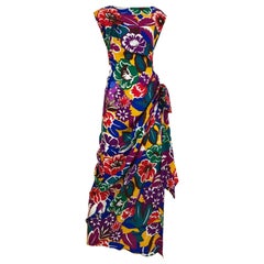 1990s Oscar De La RENTA Silk Rayon  Multi Color Print Floral Cocktail Dress