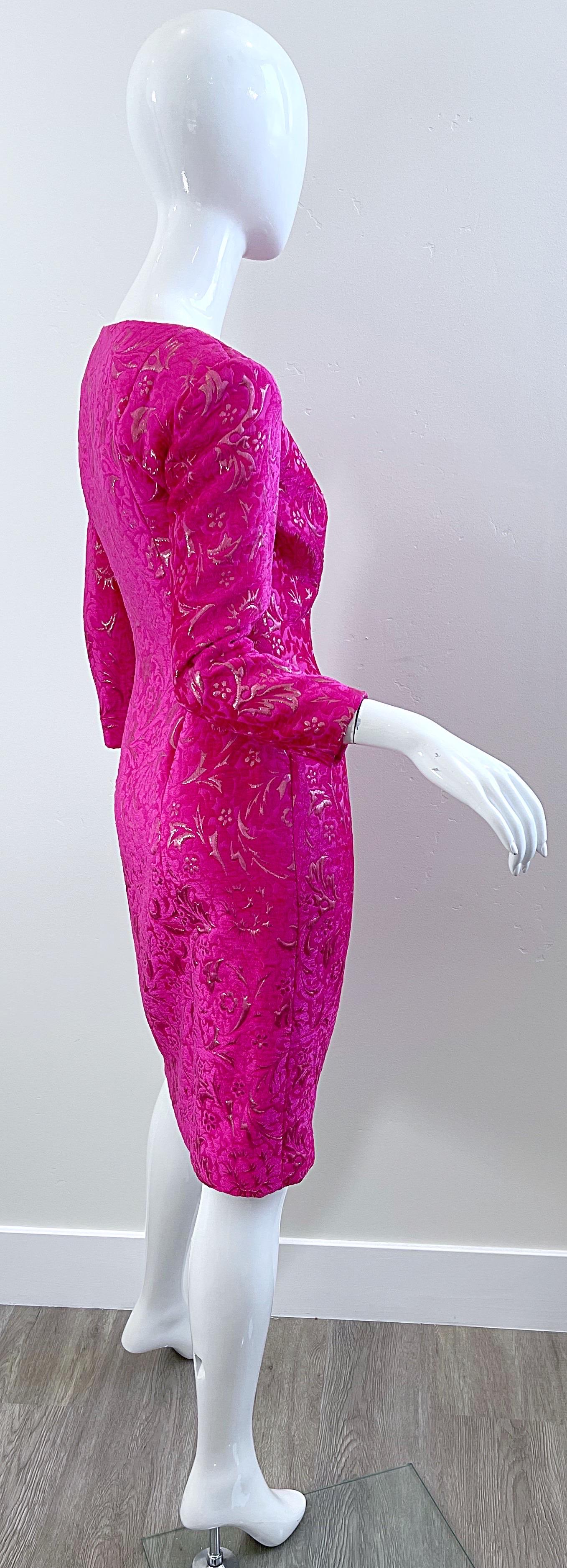 2000s Oscar de la Renta Size 6 Hot Pink Rose Gold Chenille Vintage Y2K Dress For Sale 2