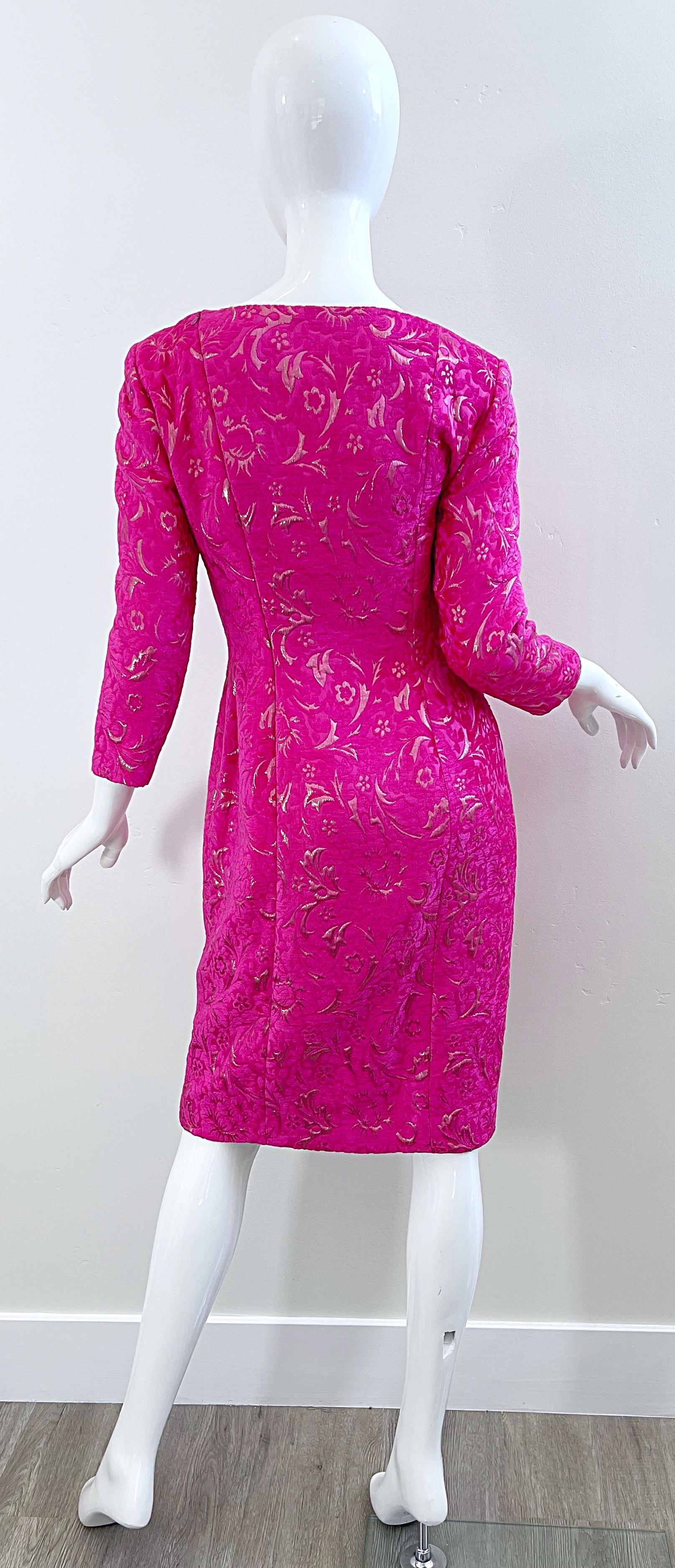 2000s Oscar de la Renta Size 6 Hot Pink Rose Gold Chenille Vintage Y2K Dress For Sale 3