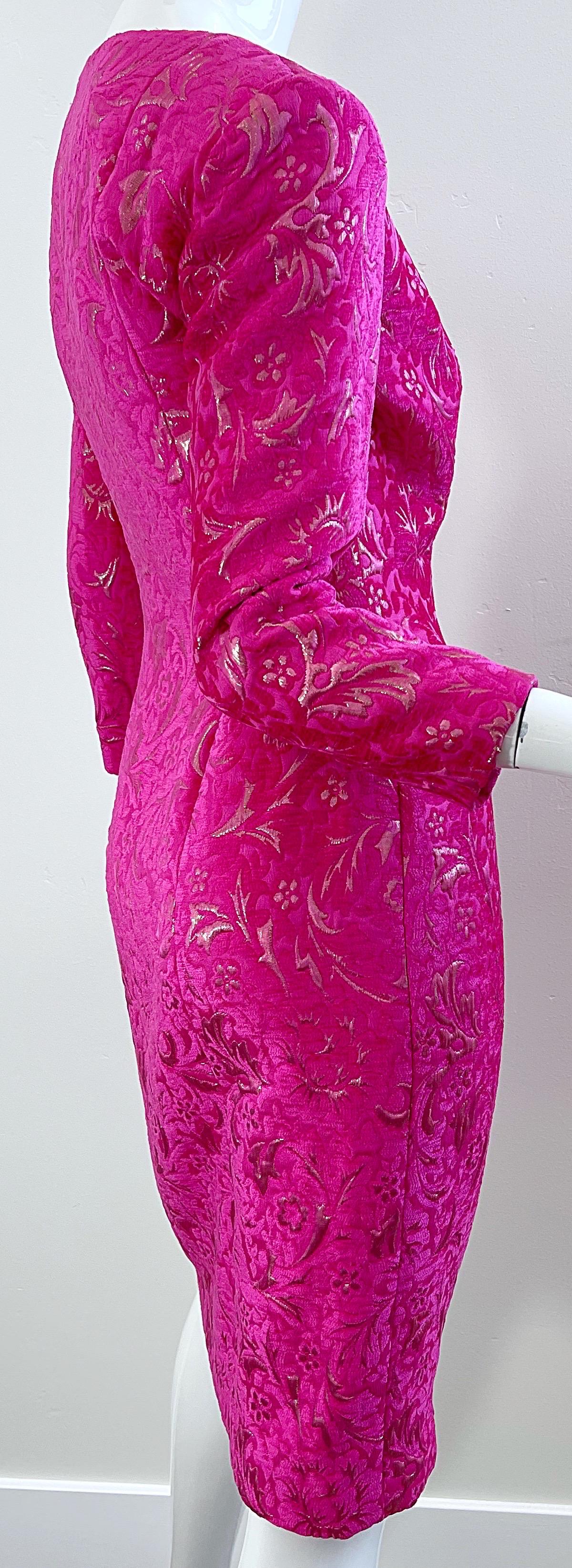 2000s Oscar de la Renta Size 6 Hot Pink Rose Gold Chenille Vintage Y2K Dress For Sale 4