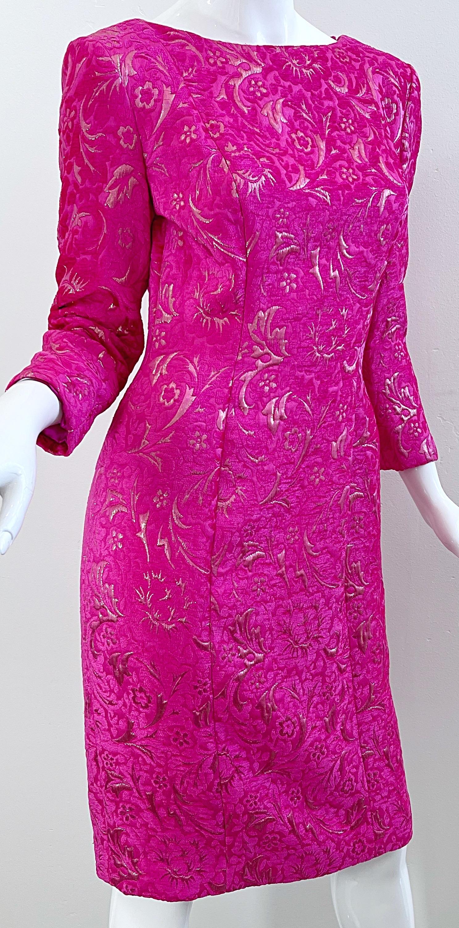2000s Oscar de la Renta Size 6 Hot Pink Rose Gold Chenille Vintage Y2K Dress For Sale 5