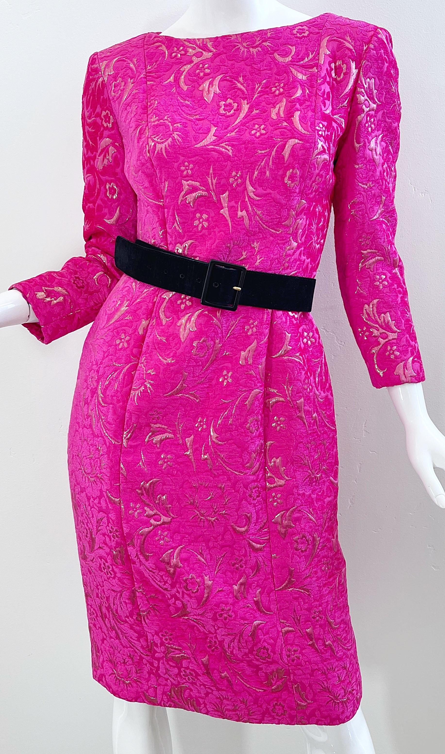 2000s Oscar de la Renta Size 6 Hot Pink Rose Gold Chenille Vintage Y2K Dress For Sale 6
