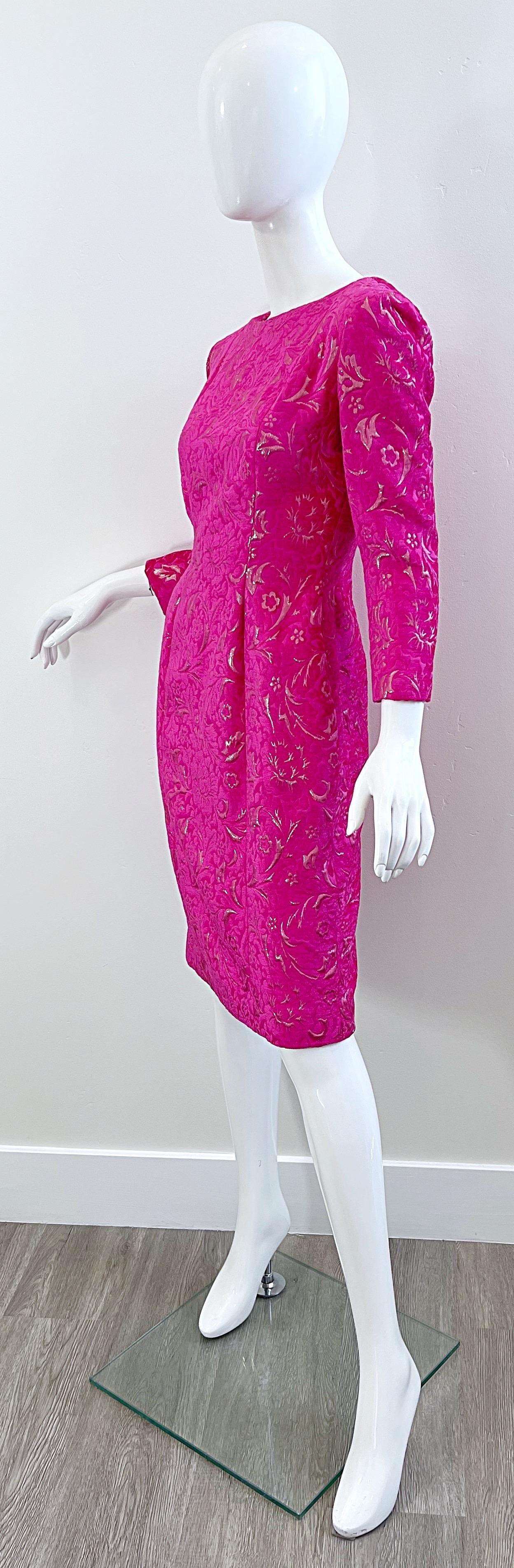 2000s Oscar de la Renta Size 6 Hot Pink Rose Gold Chenille Vintage Y2K Dress For Sale 7