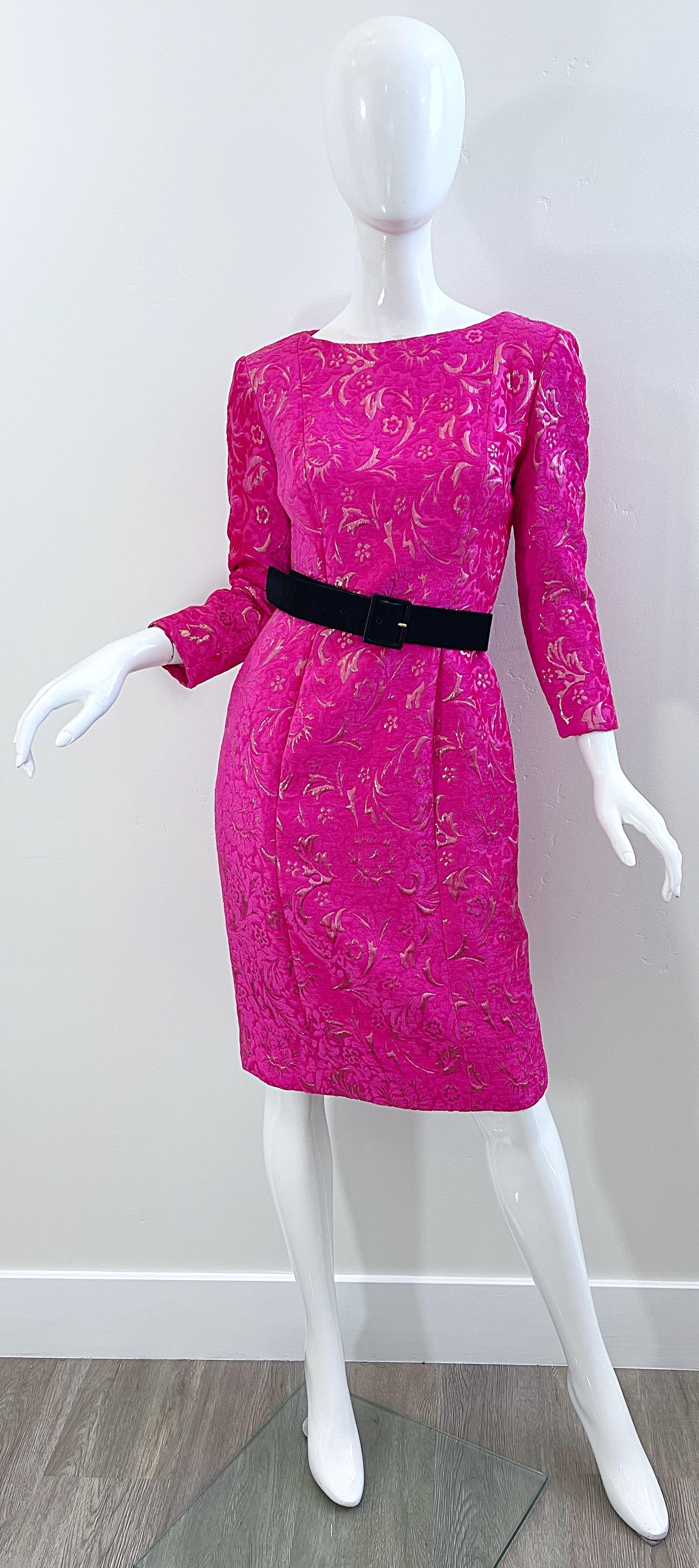 Purple 2000s Oscar de la Renta Size 6 Hot Pink Rose Gold Chenille Vintage Y2K Dress For Sale