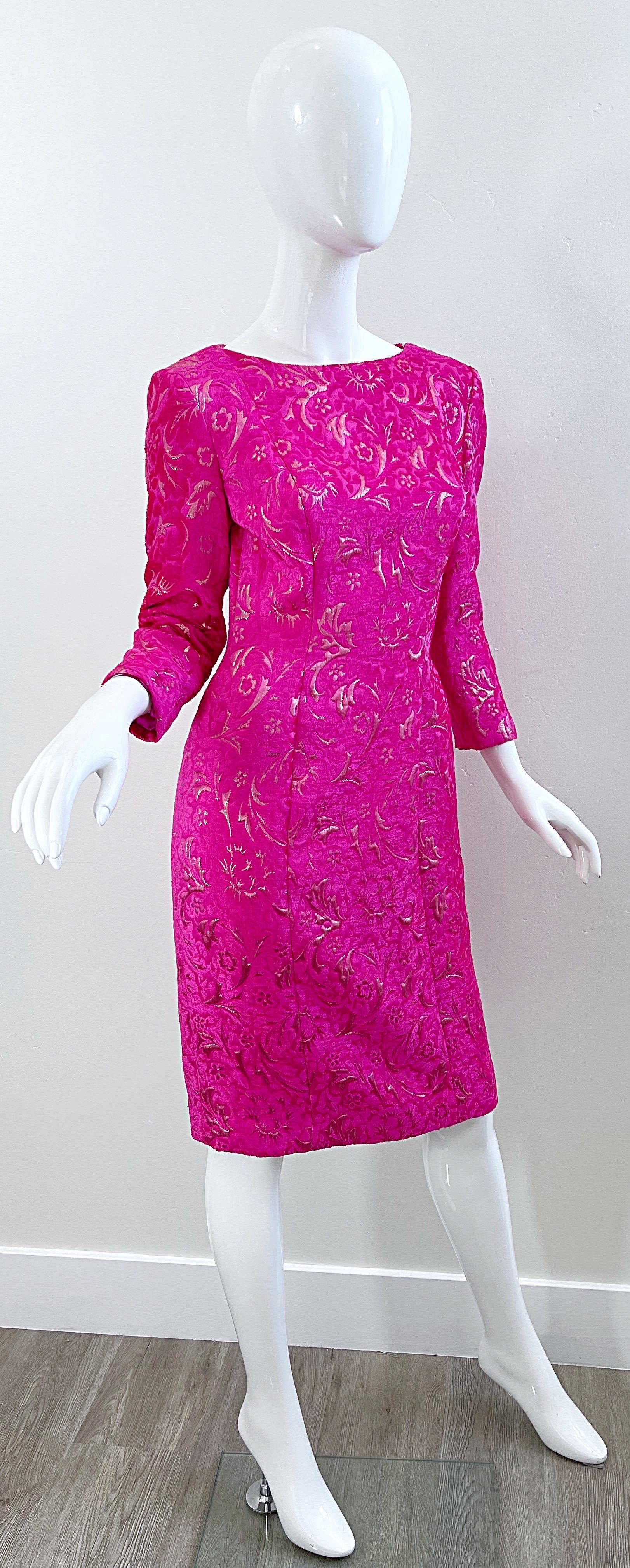 2000s Oscar De La Renta Talla 6 Hot Pink Rose Gold Chenille Vintage Y2K Dress en venta 3
