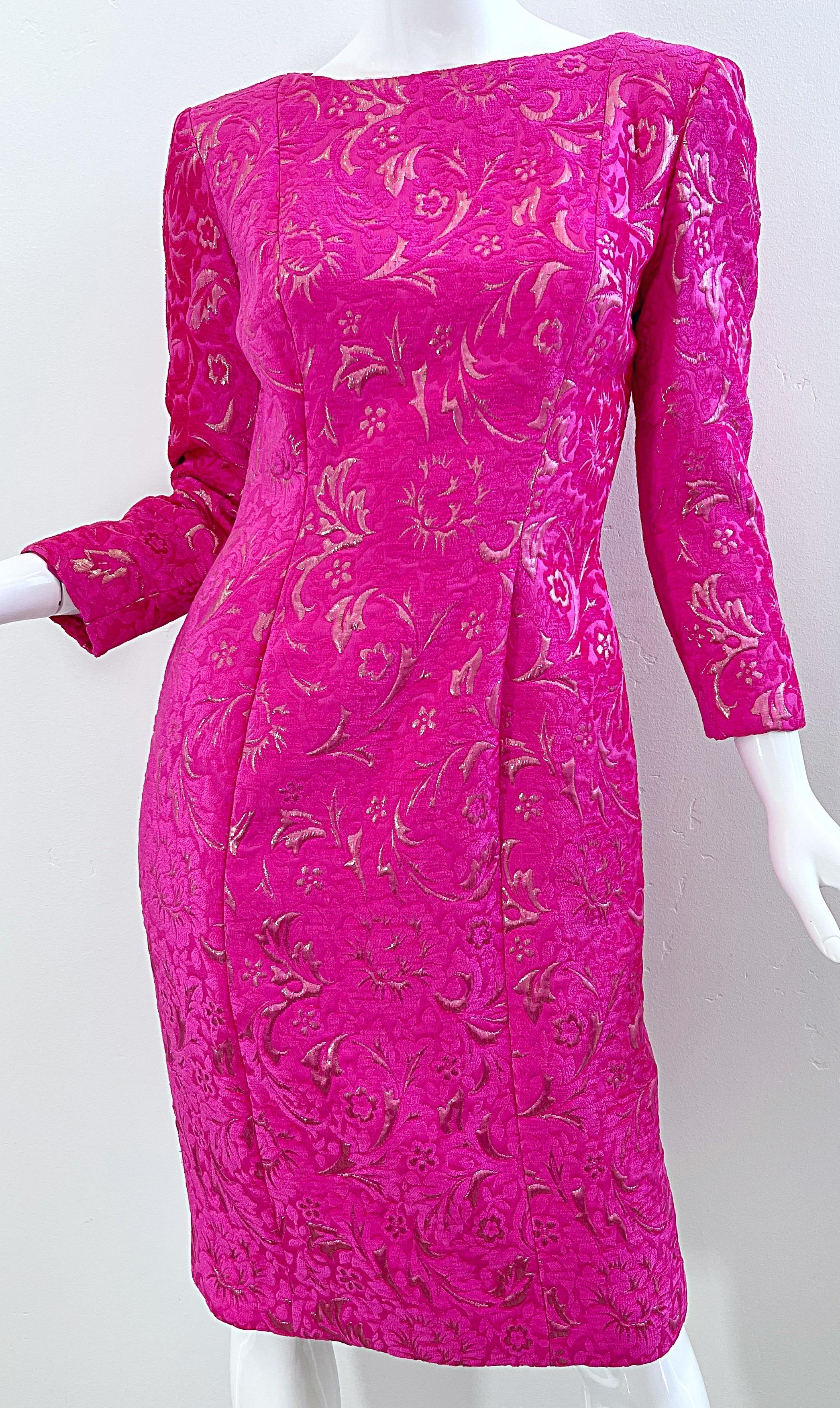2000s Oscar de la Renta Size 6 Hot Pink Rose Gold Chenille Vintage Y2K Dress For Sale 1
