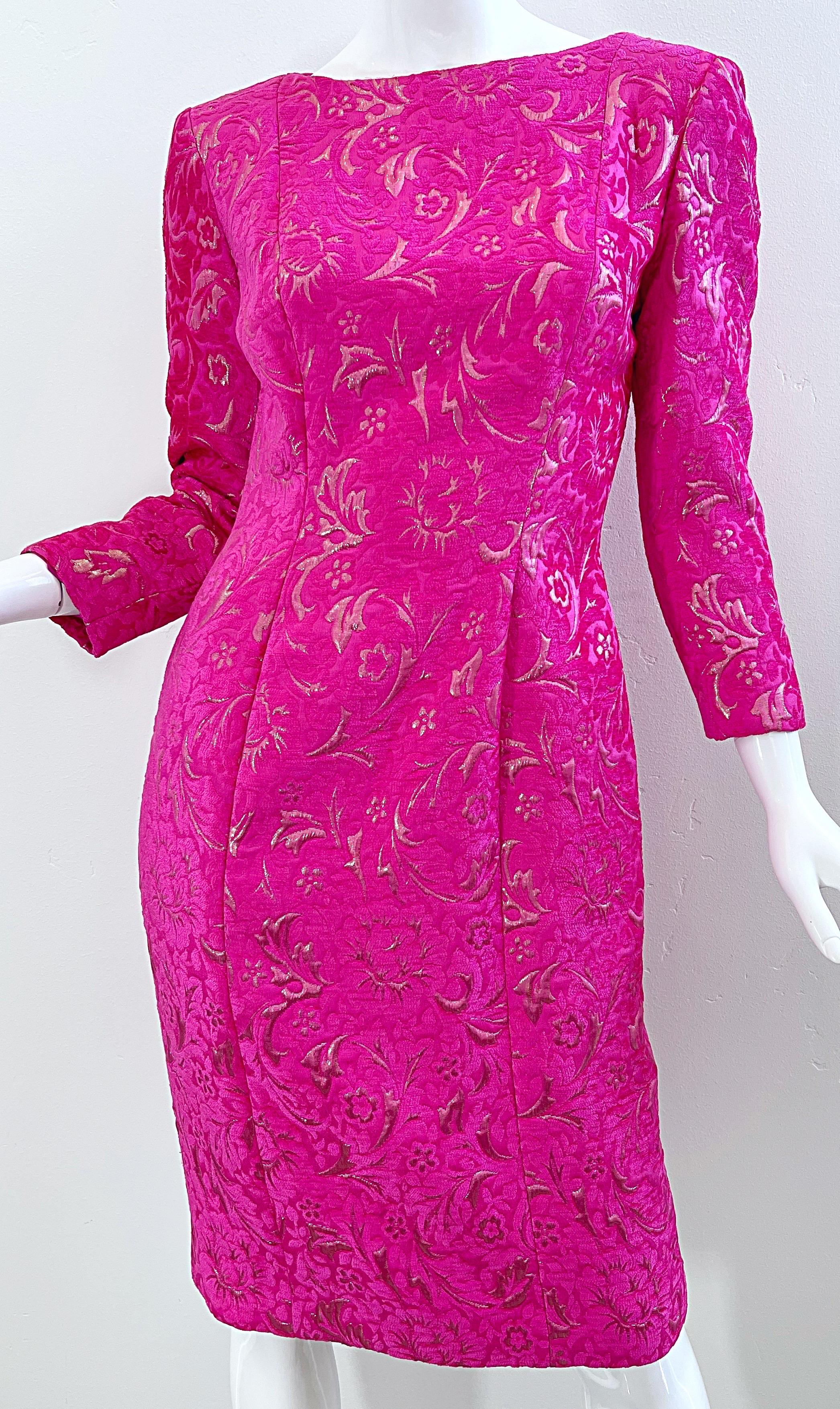 2000s Oscar De La Renta Talla 6 Hot Pink Rose Gold Chenille Vintage Y2K Dress en venta 4