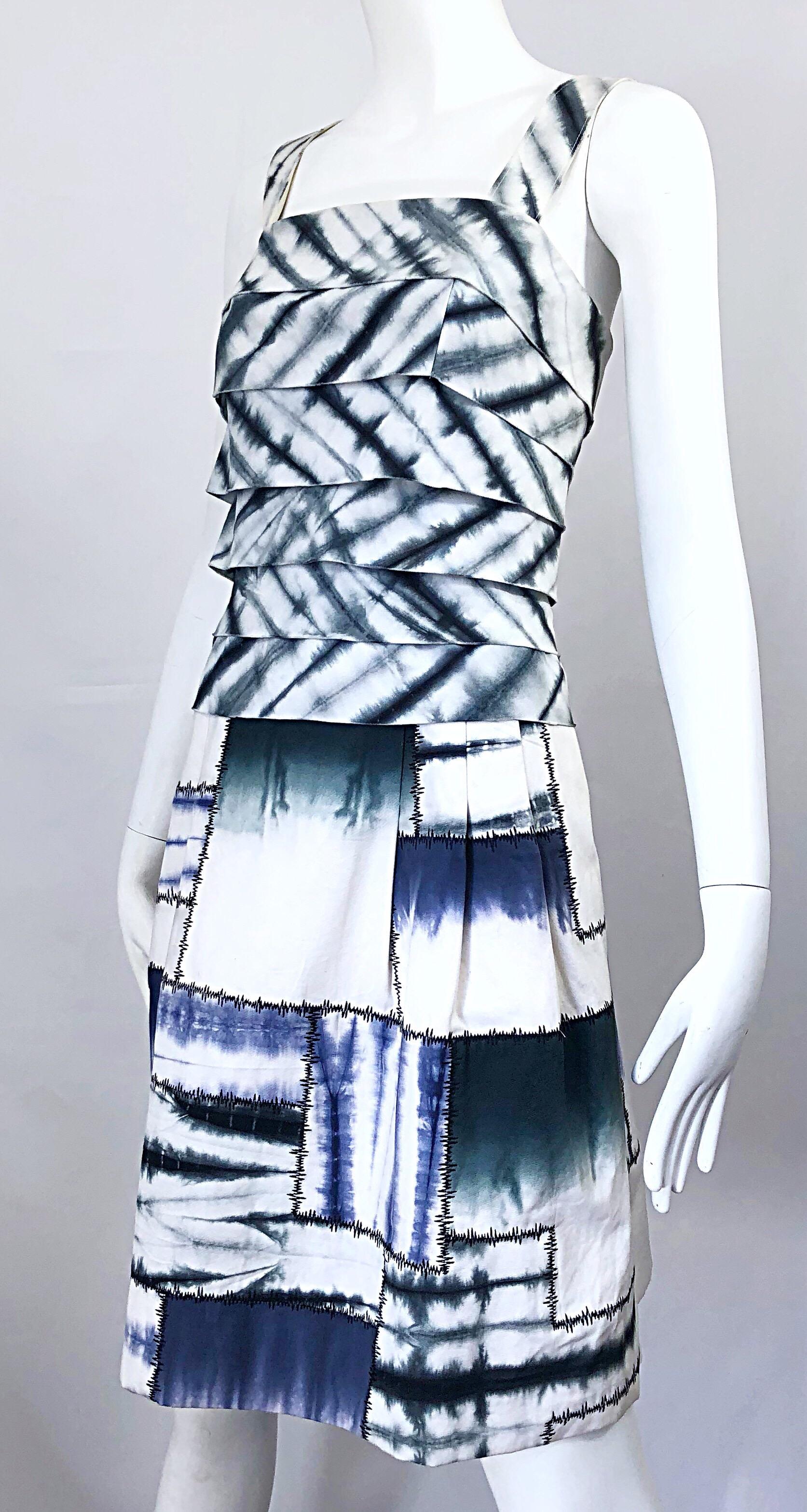 Oscar de la Renta 1990s Size 8 Blue + White Tie Dye Vintage Sleeveless 90s Dress For Sale 5