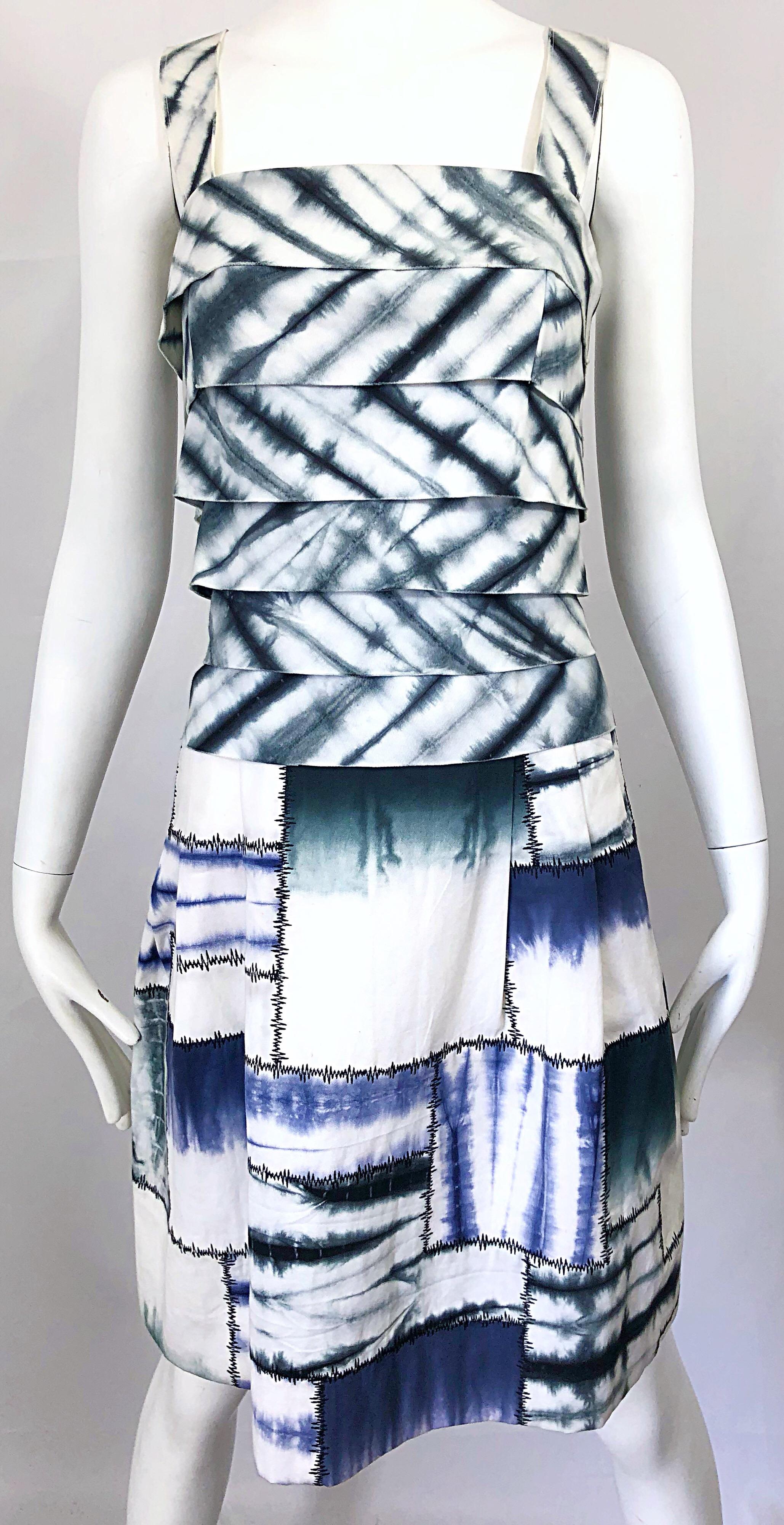 Oscar de la Renta 1990s Size 8 Blue + White Tie Dye Vintage Sleeveless 90s Dress For Sale 6