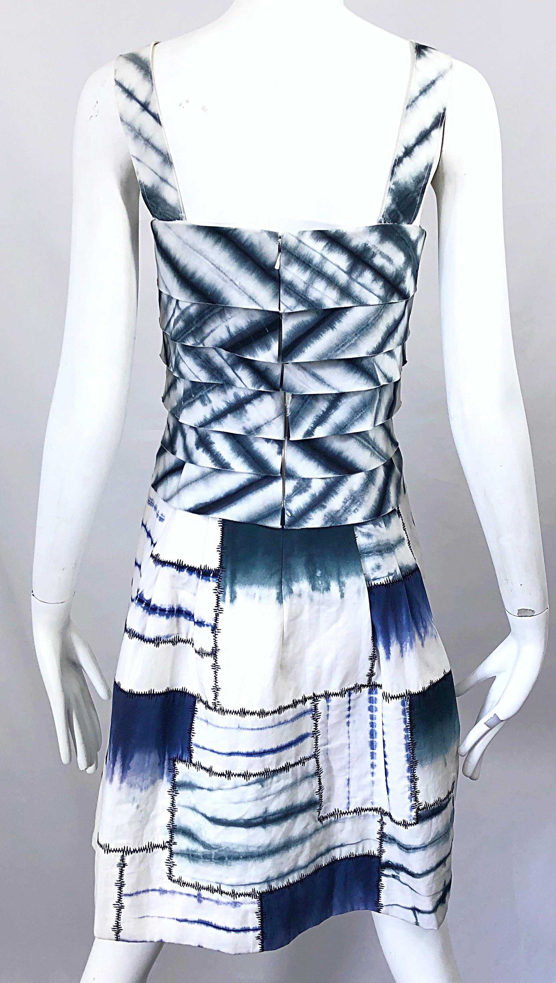 Oscar de la Renta 1990er Größe 8 Blau + Weiß Tie Dye Vintage ärmelloses 90er Kleid im Angebot 9